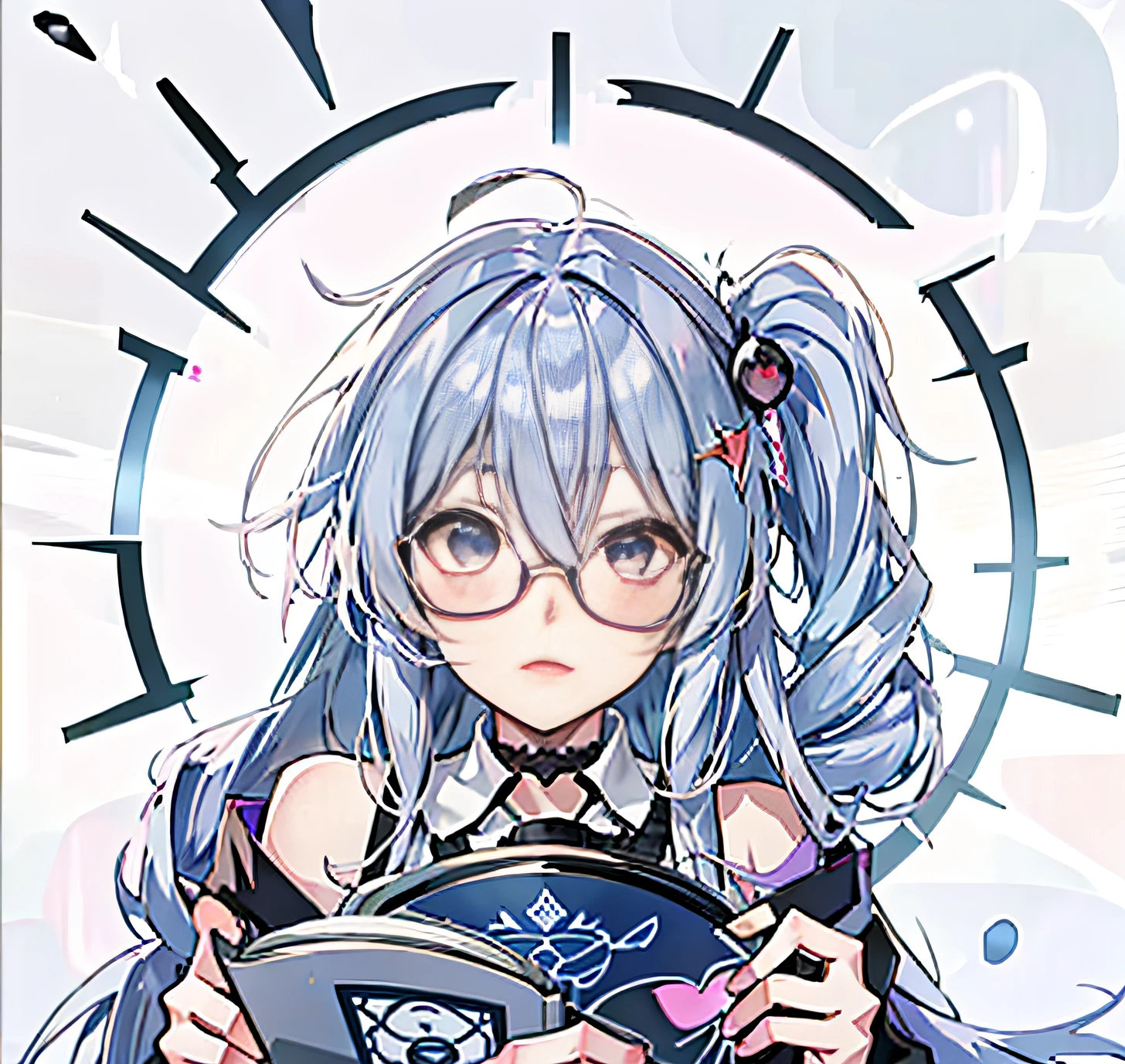 Light hazy blue hair，Anime girl reading book with round fine frame glasses, Look ahead，anime visual of a cute girl, Anime moe art style, in an anime style, saori, Portrait of an anime girl, An anime girl, as an anime character, Anime girl with gray-blue hair, Anime style portrait, portrait of magical girl, anime vibes, Anime figure, anime style character，Looking at you，Single ponytail on the left，Red bows on the sides of the hair，white backgrounid，Gray-black diamond-shaped stars as background decoration，Black collar，White lace dress，The book to be read is on the right chest，adolable，mischievous，Playful，Big bright eyes，