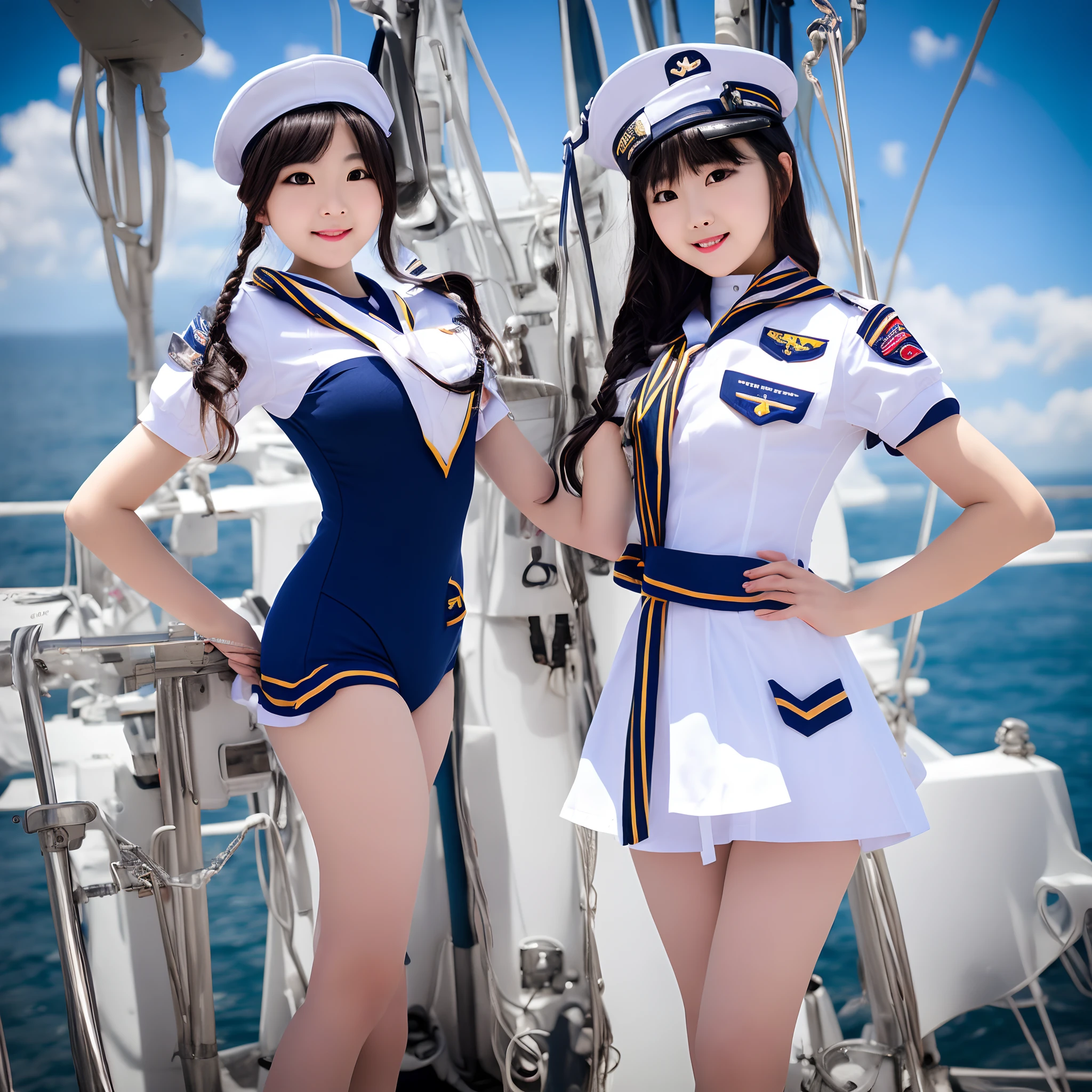 arafed woman in a sailor's uniform posing on a ship, female sailor uniforms, sailor uniform, girl wearing uniform, pilot outfit, navy leotard costume, wearing military uniform, loose coat collar sailor uniform, sakimichan, cute pilot girl, sailor clothing, blue uniform, azur lane style, captain, cute girl wearing tank suit, cosplay