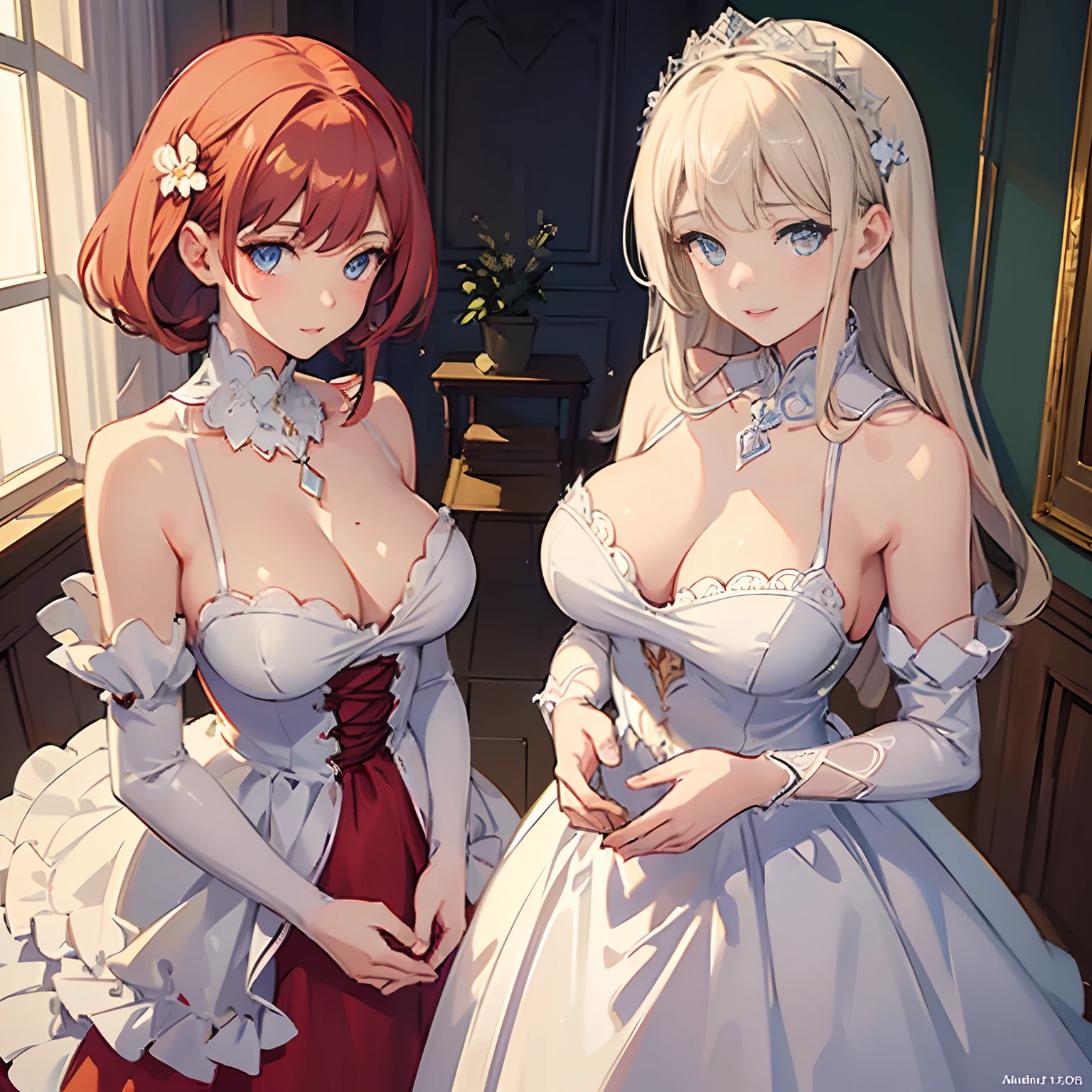 (Masterpiece:1.2), ((best quality:1.2)), ((illustration:1.2)) ((ultra-detailed:1.2)), hyper details, (delicate detailed), (intricate details), (cinematic light, best quality Backlights), clear line,
((2 girls:1.5))
1.() medium breast, medium ass, beautiful face, blonde bob with tousled short hair, masterpiece, fine details,orange eyes, sideburns, hair between eyes, detached_sleeves, bare shoulders, white dress, smile, white flower hair ornament, bare shoulders, bare hands.
2.(18 years old) , a cute girl, , beautiful, beautiful blue eyes, ((beautiful eyes)), pink long hair, middle breast, smile, cleavage, ((red dress ))