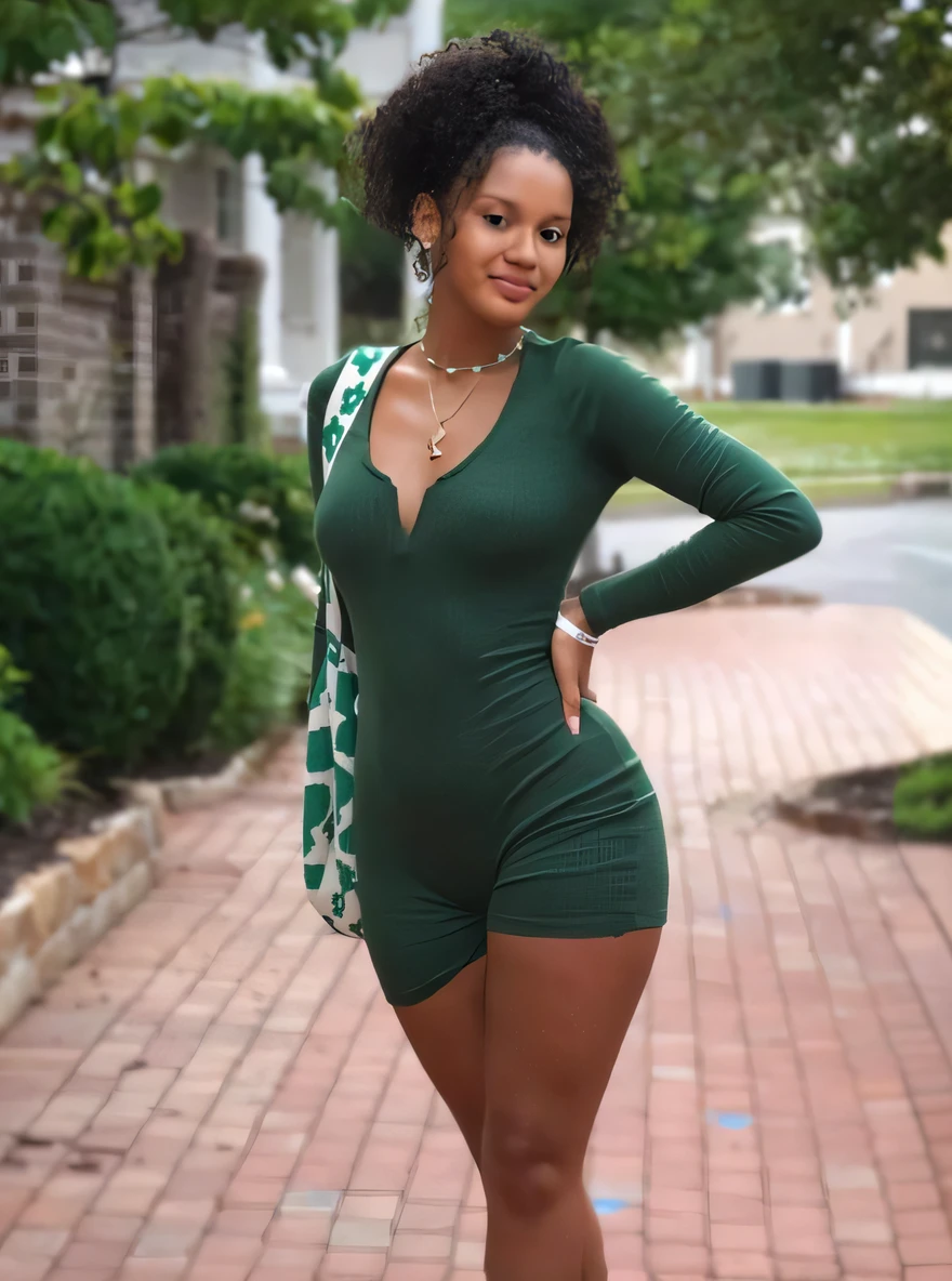 um close up de uma mulher em um vestido verde posando para uma foto, cintura magra e quadris grossos, usando roupas simples e apertadas, menina bonito vestindo o terno do tanque, roupa apertada, linda senhora, Young lady, mulher linda, vestido verde de corpo inteiro, mulher bonito, mulher jovem negra, ela usa um vestido verde escuro, gorgeous female, roupas verdes, traje apertado