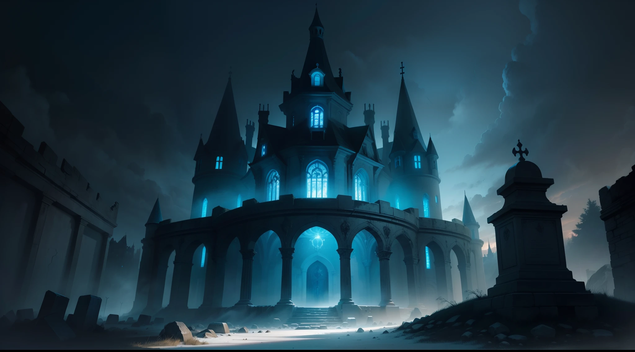A high resolution, (Official fine art, Beauty Feeling:1.2),illustration，burial site，Terror Castle，em cor azul escuro，Light effect