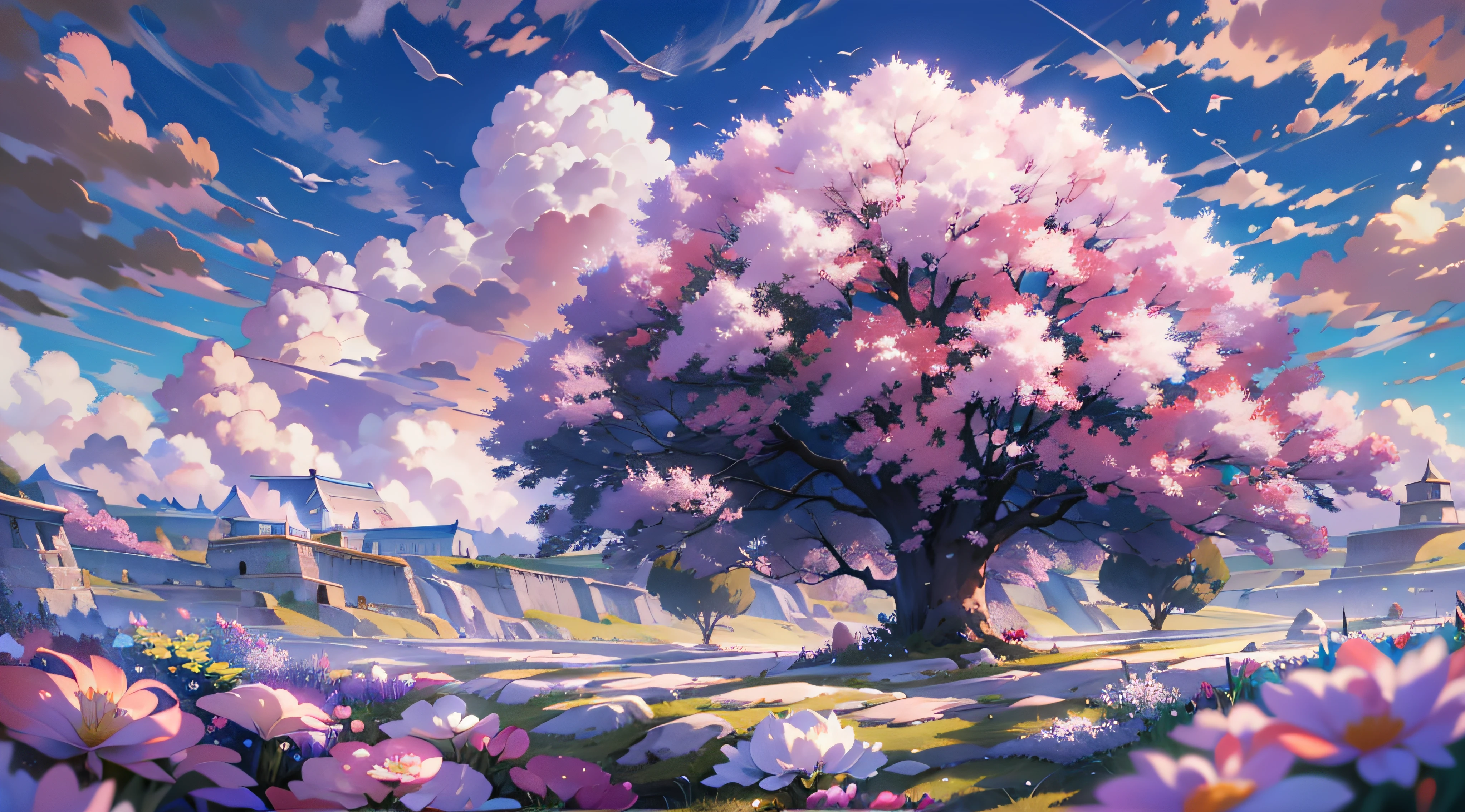 Fondo de anime fantastico,Imagen anime de un campo de de lilas, castilllo blanco de fondo, nubes mastodonticas color rosa, fondo fantastico , ganador de concurso pivxi, obra maestra anime, mejor calidad, escenario natural magico, naturaleza fantastica, 4k