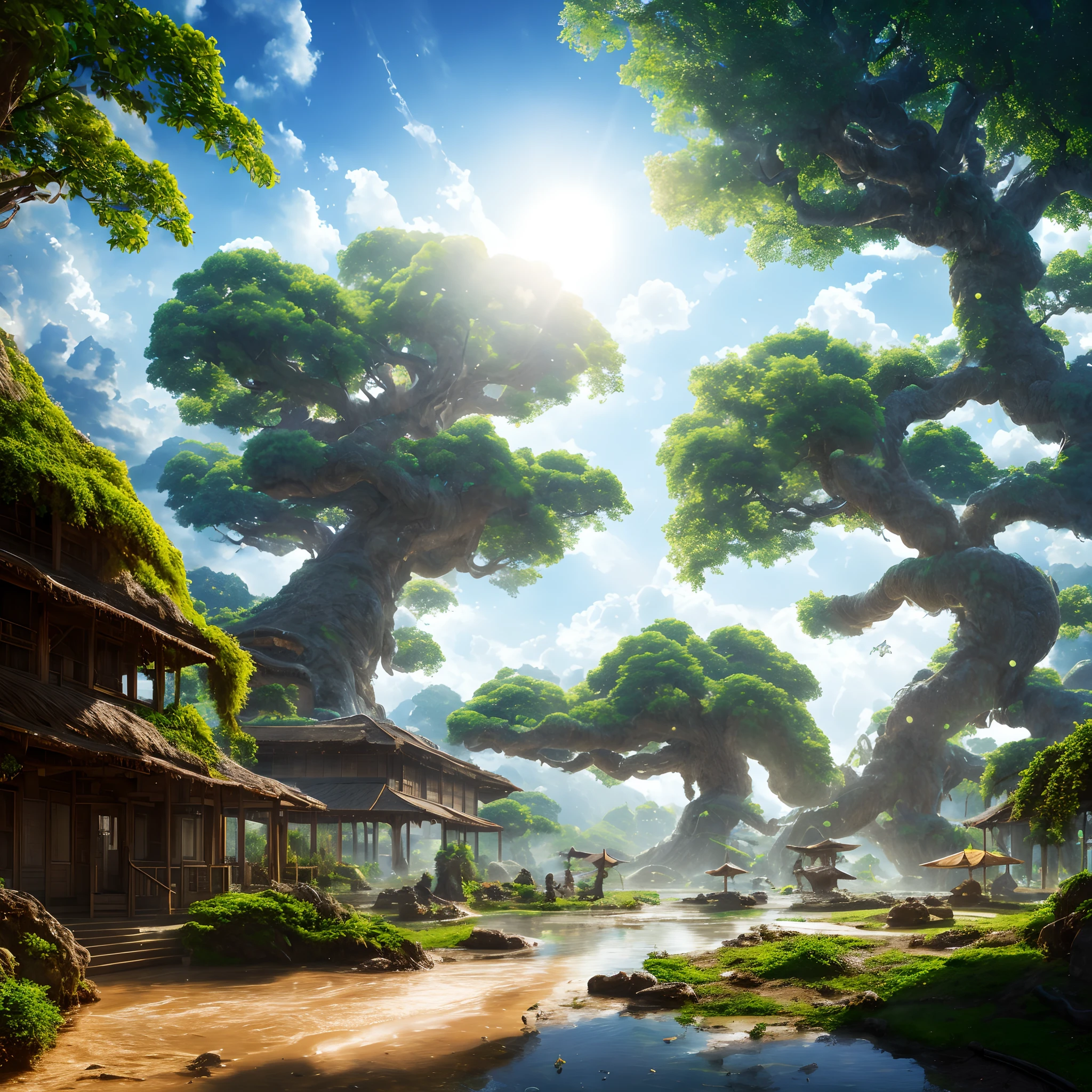 masterpiece, best quality, high quality, extremely detailed CG unity 8k wallpaper, a hyperrealistic colossal cyan raintree, in a futuristic prehistoric village, splashing water, sandy debris, lens flares, sunshaft, fluffy clouds, Hyperdetailed, HDR, bloom, Photorealistic, hyperdetailed