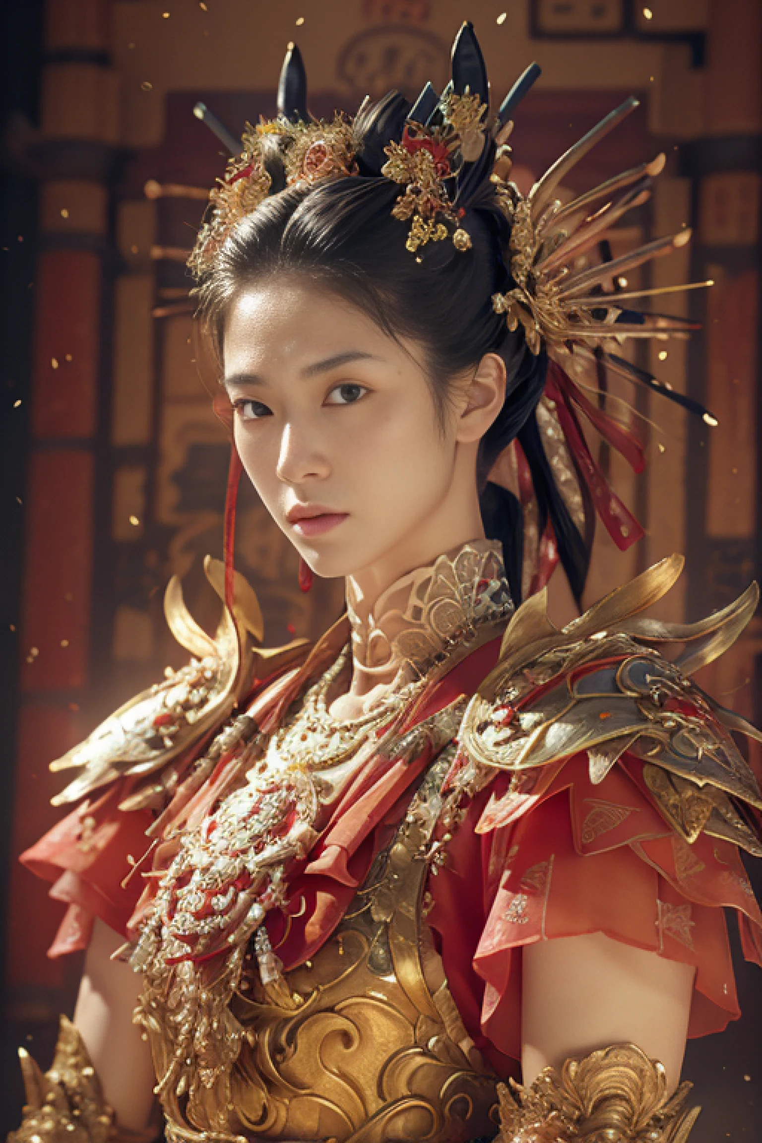 "(8k:1.27), best quality, masterpiece, ultra highres:1.2) (detailed face:1.1) intricate elegant, fantasy, (detailed armor:1.1), beautiful Japanese woman with ancient samurai armor, slender body, detailed skin."