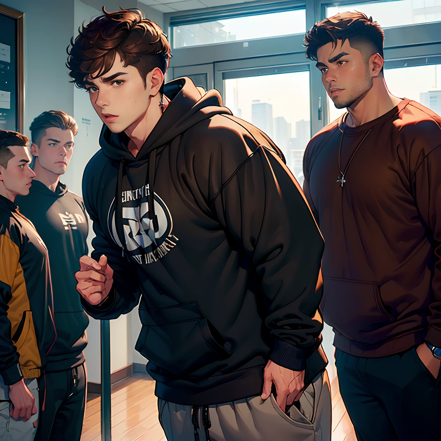 ((Young man in heavy sweatshirt+short detailed hair+brown hair:1.2):(Energetic+Energetic+High endurance) )with the(Burly youth):(Burly physique in a sweatshirt) standing at(Gateway):(Solemn+authoritative)