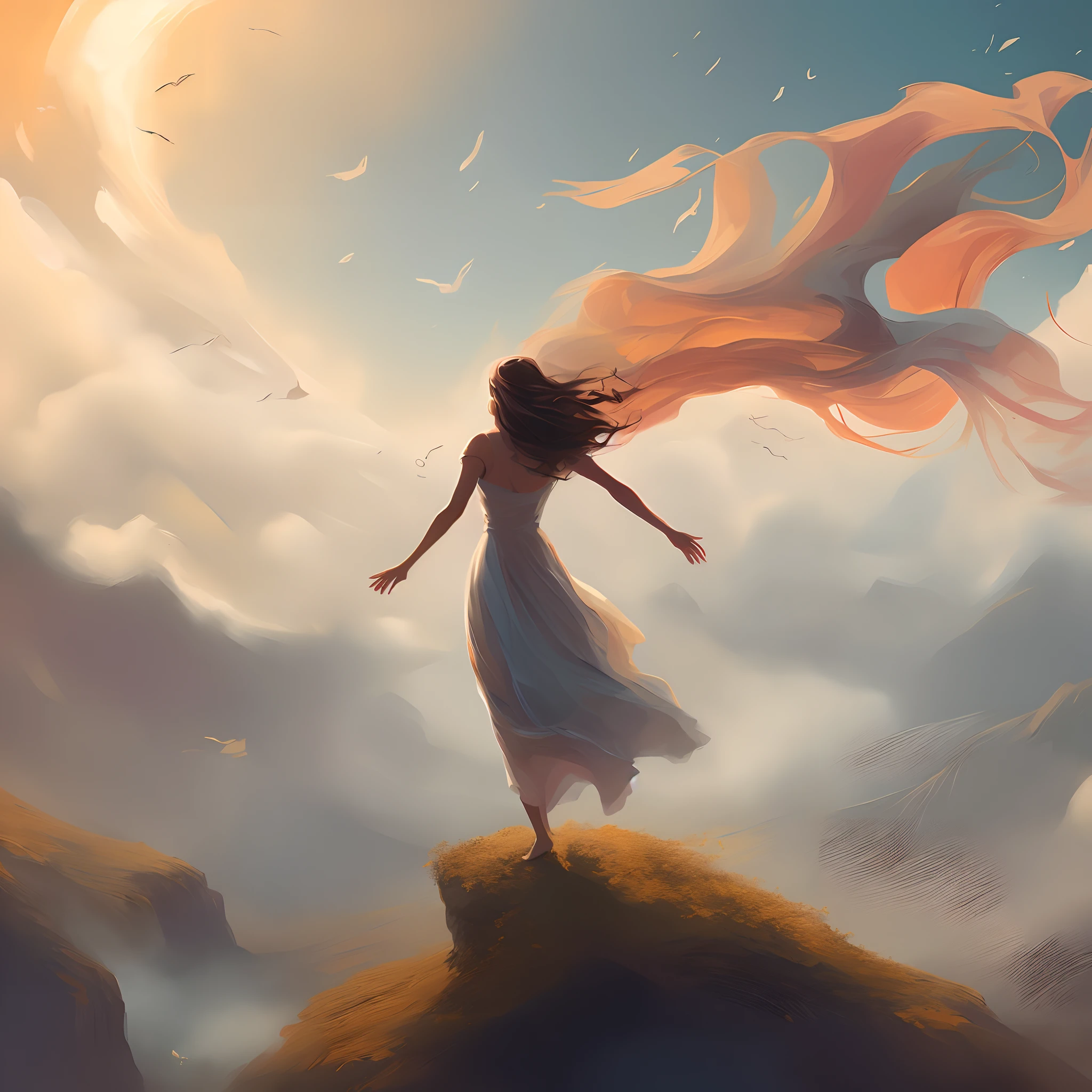enhance hands, painting of a woman standing on a hill with a flowing dress, concept art | rhads, inspired by RHADS, wlop and rhads, dreamlike digital painting, by RHADS, beautiful art uhd 4 k, inspired by Cyril Rolando, rob rey, beautiful digital artwork, fantasy digital painting, rhads and lois van baarle