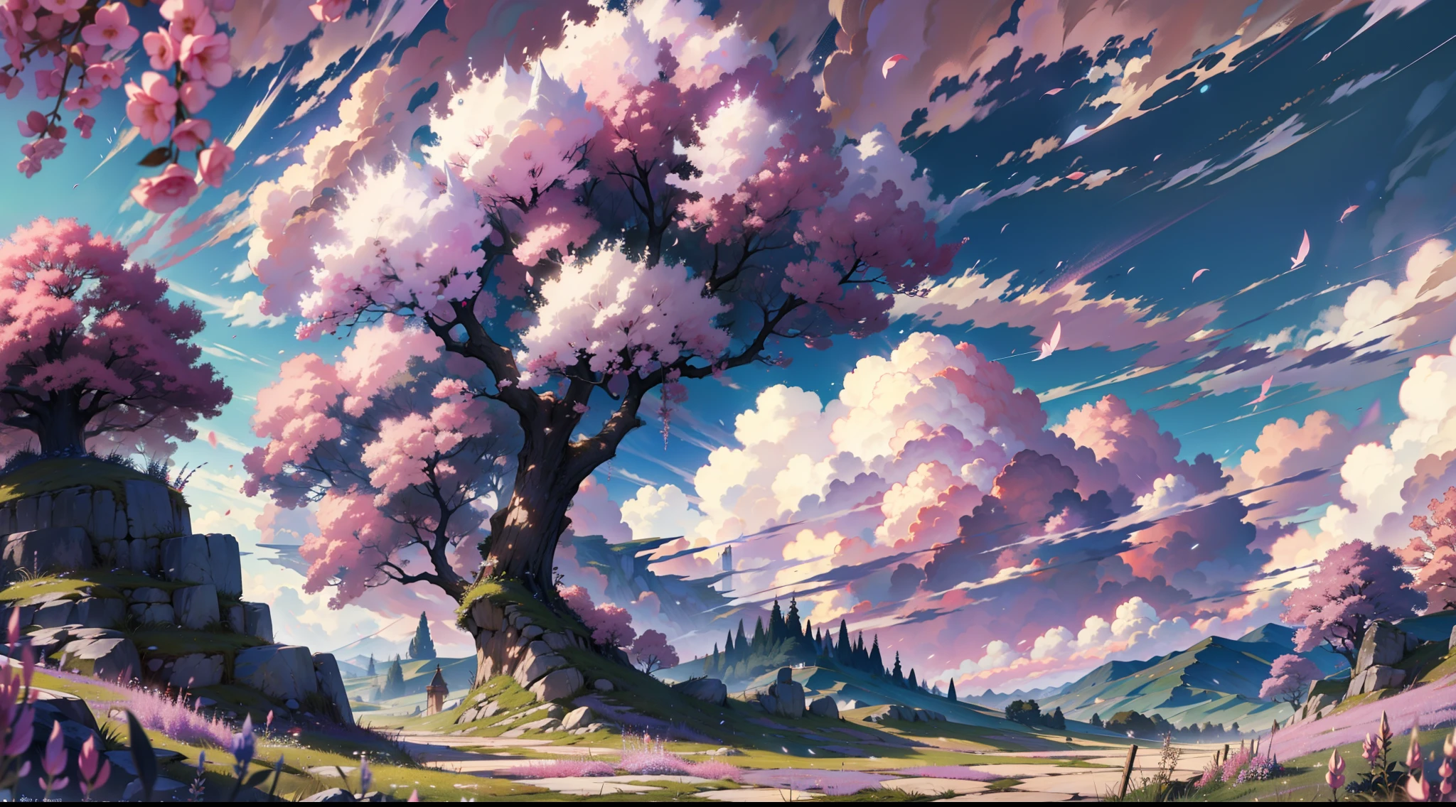 Fondo de anime fantastico,Imagen anime de un campo de de lilas, castilllo blanco de fondo, nubes mastodonticas color rosa, fondo fantastico , ganador de concurso pivxi, obra maestra anime, mejor calidad, escenario natural magico, naturaleza fantastica, 4k