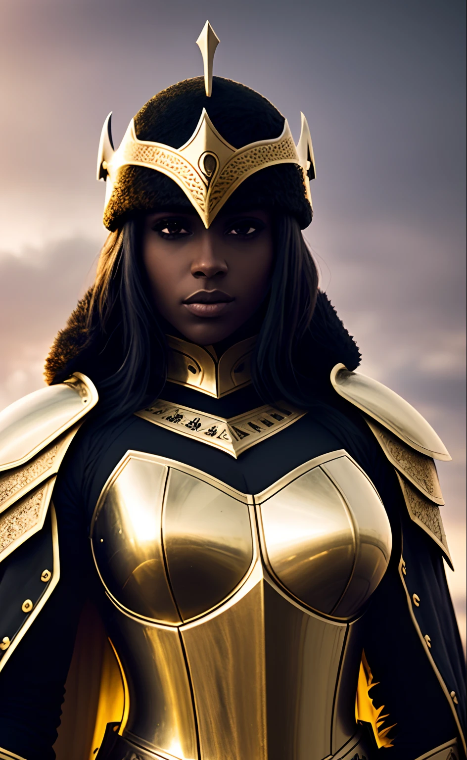 girl, y knight, black armor with golden parts, fur cape, evening, army on background, atmospheric, mist, best quality masterpiece, photorealistic, detailed, 8k, HDR, shallow depth of field, broad light, high contrast, backlighting, bloom, light sparkles, chromatic aberration, sharp focus, RAW color photo, volumetric lightning, gothic, nsfw,