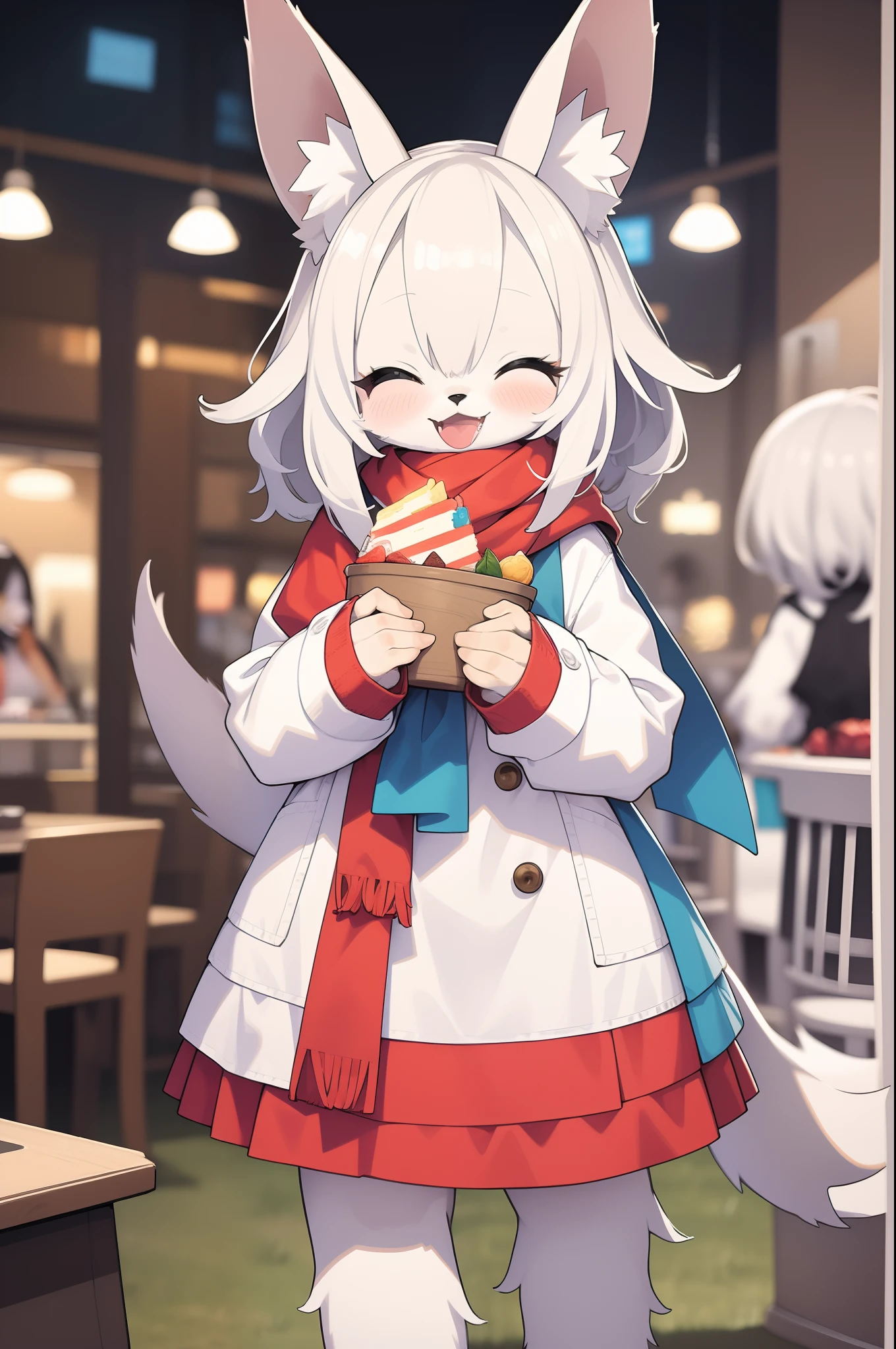 hairy pubic，Furry fur，White hair，White fur，female，coyote，Wolf animals，Wearing a blue scarf，looking at viewert，adolable，Pure，（hairy pubic：1.3），focus onface，cheerfulness，closing her eyes，Beautiful light，holding a cake