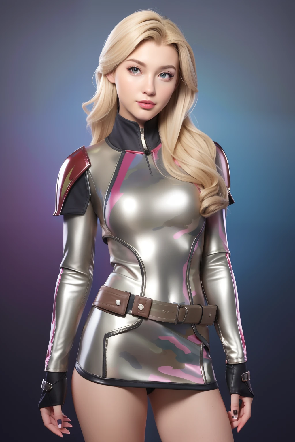 Beautiful Face Woman、a blond、Rainbow camouflage pattern background、 Beautuful Women、18year old、prety woman、hyper realistic photography、High-definition photos、red lipsticks、Mandalorian style miniskirt suit in metal armor、The skin is not very exposed、Do not cut your head off the screen、Camouflage skirt、Facing the front、