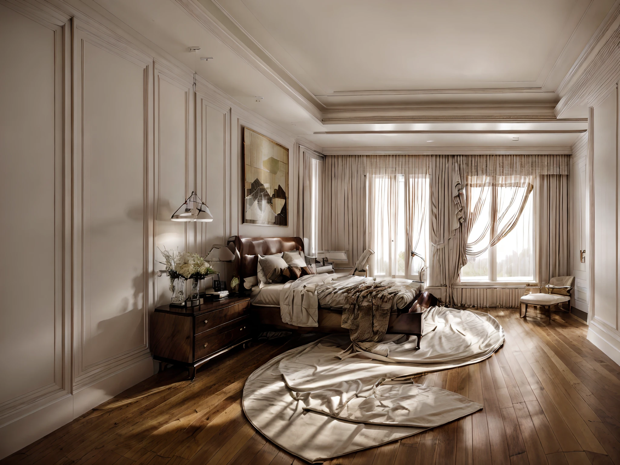 "Create a neoclassical-style bedroom with a brown wooden floor, cream-colored curtains, a white door, and super sharp photos that exude elegance."