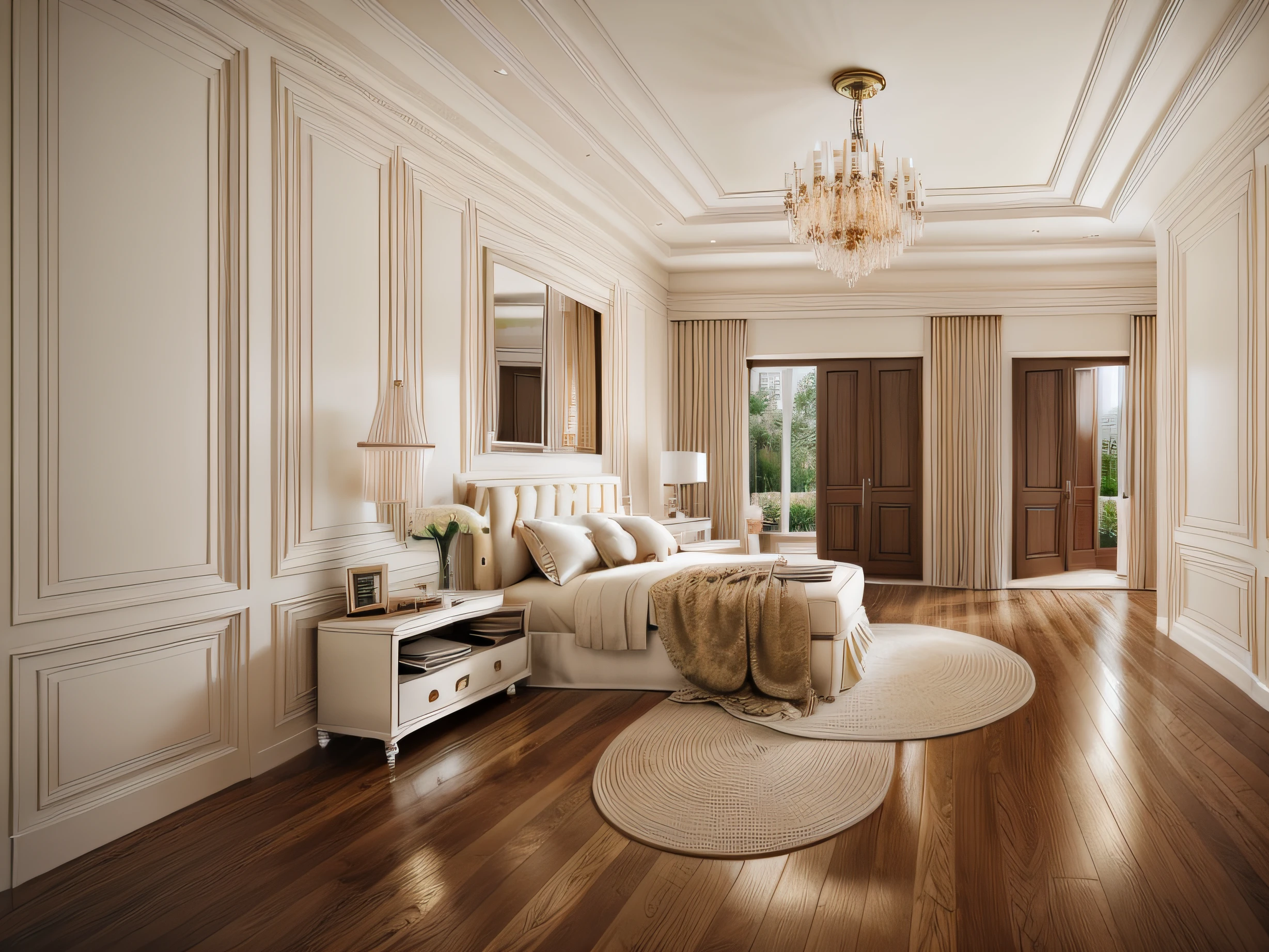Create a neoclassical-style bedroom with a brown wooden floor, cream-colored curtains, a white door, and super sharp photos that exude elegance.
