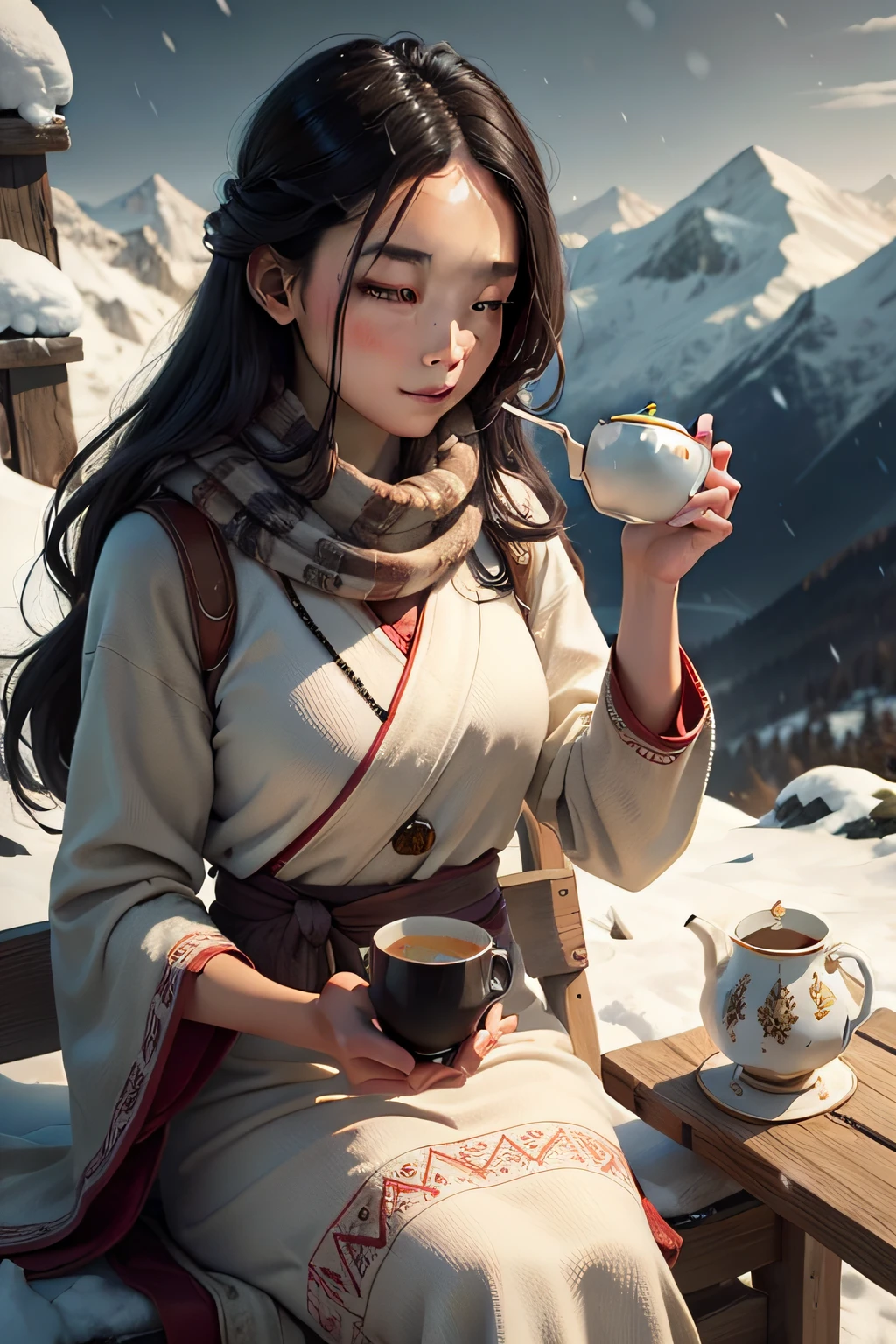 A beautiful woman drinking tea,on a snowy mountain,ancient wind