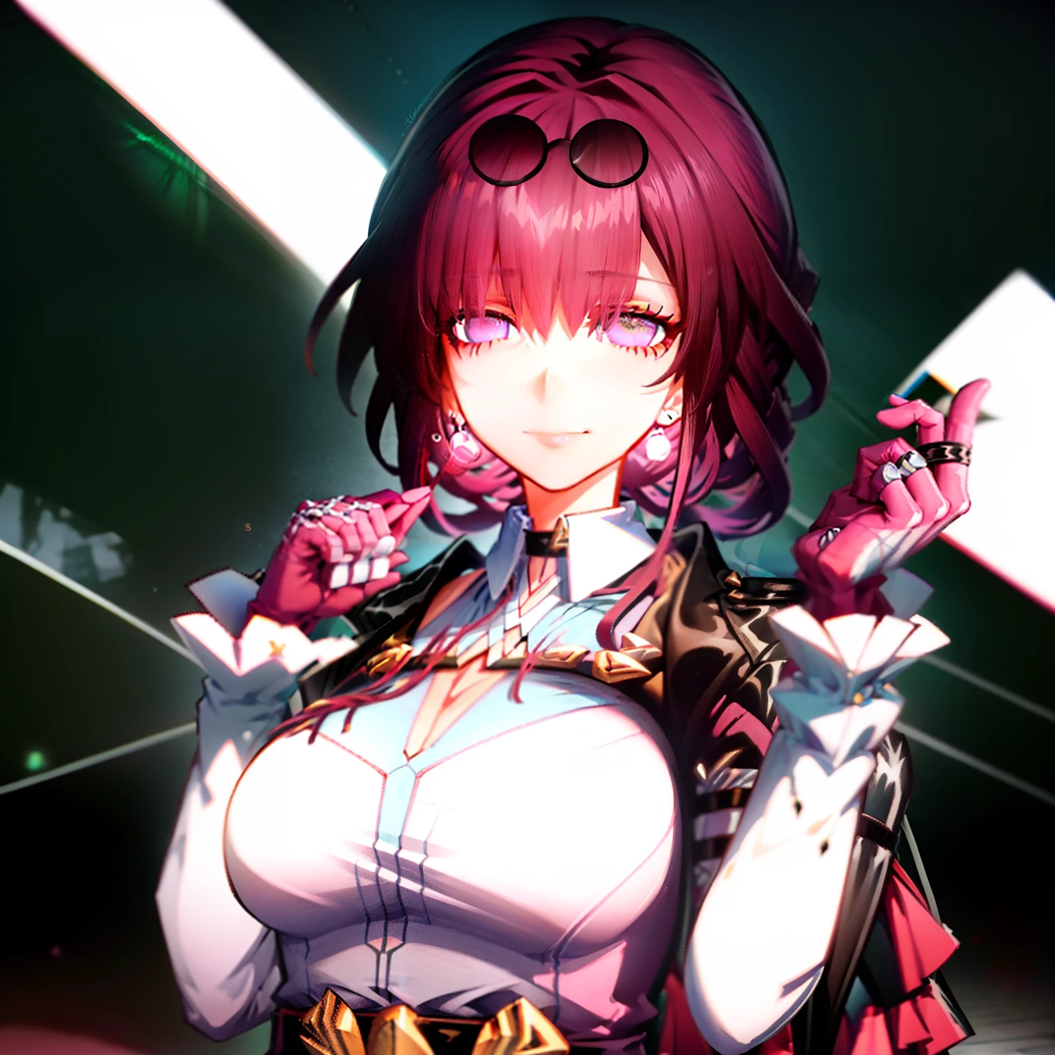 (tmasterpiece,realisticlying,primitive,:1.4),(extremly intricate:1.2),closeup cleavage,cinematric light,Sideslit,超高分辨率,best shadow,RAW,brilliant colorful,Cyberpunk-city,rainbow,A woman in the middle of the picture,Star Dome Railway Kafka,pink violet hair,Purple pupils