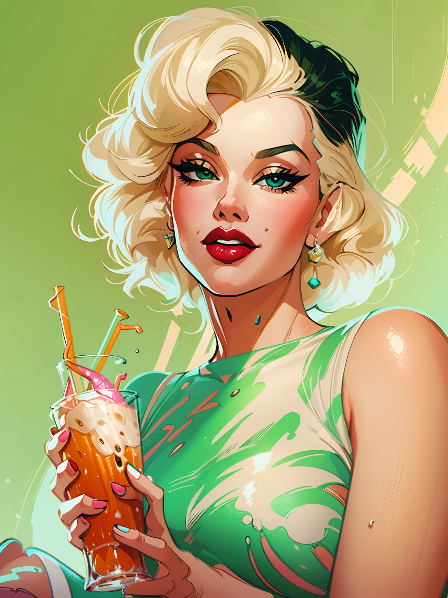 a close up of a Marilyn Monro with a drink in her hand, in style of digital illustration, pinup art, lois van rossdraws, artstyle : ilya kuvshinov, deviantart artstation cgscosiety, stunning digital illustration, soda themed girl, beautiful retro art, jen bartel, milkshake, matte digital illustration, glossy digital painting