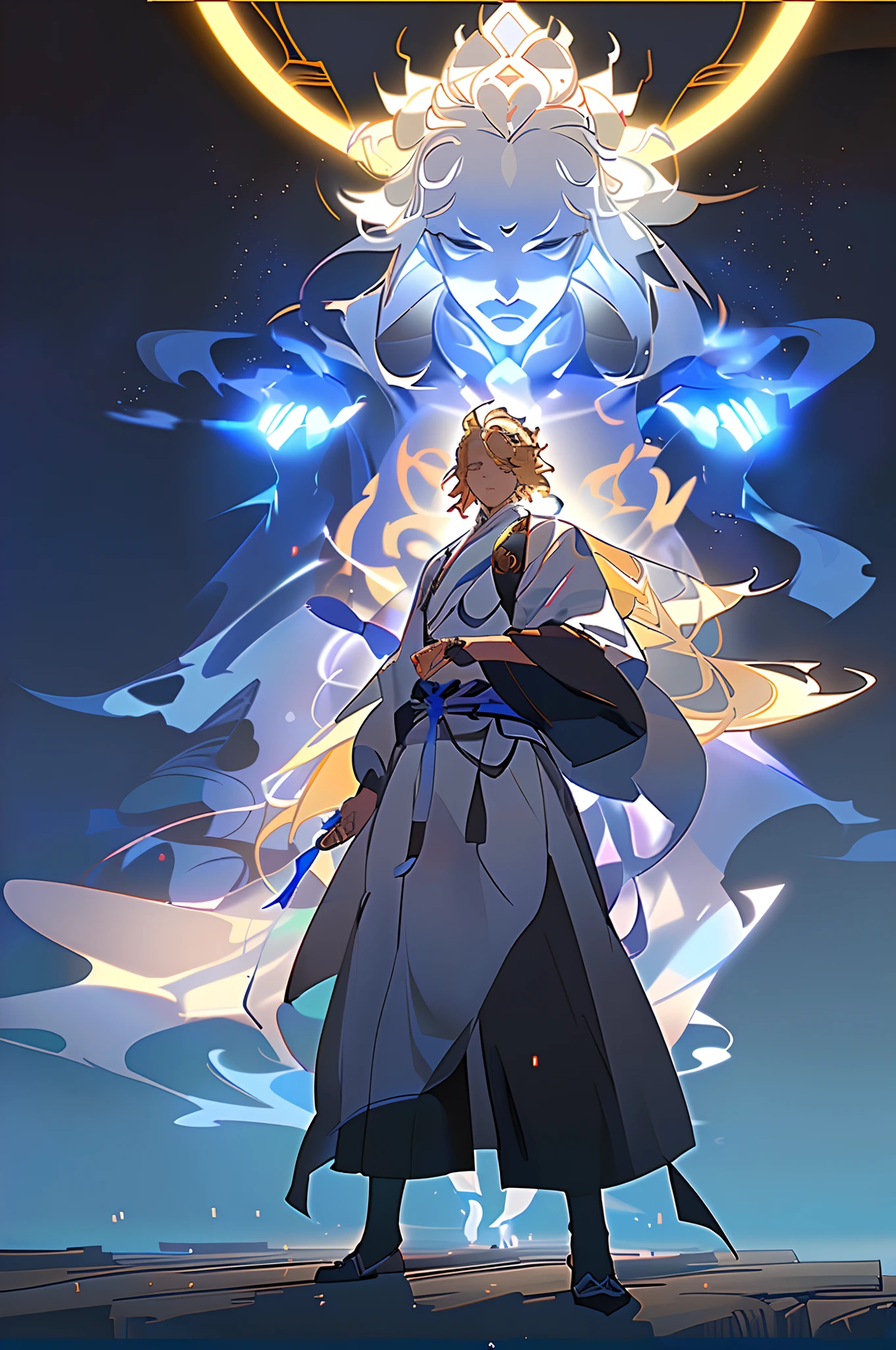 , (masterpiece:1.2), best quality,PIXIV,  taoist,
a character standing in front of blonde glowing  taoist,transparent,