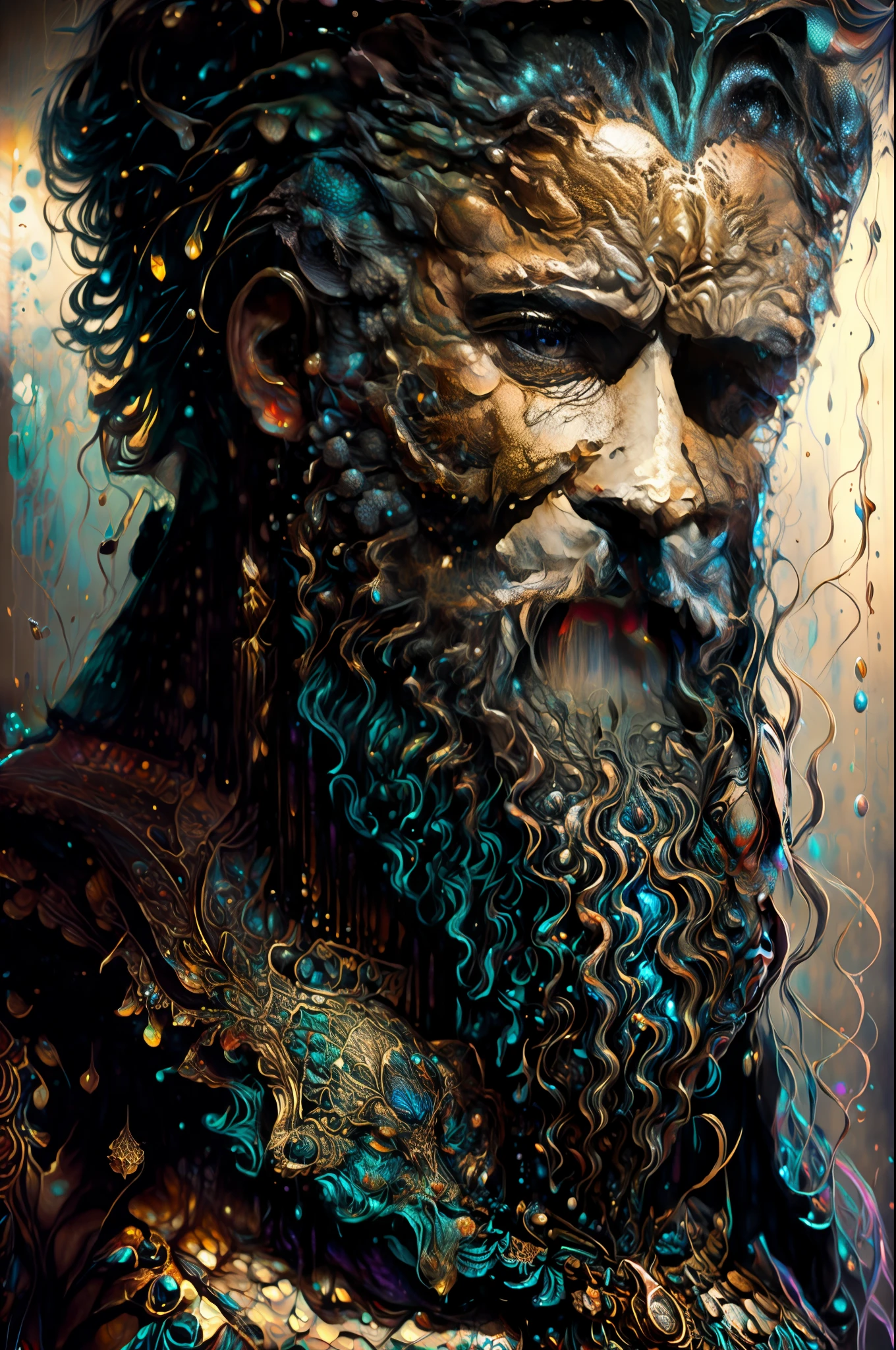 Pintura digital de un hombre con barba y un tocado floreado ,Arte de Alberto Severo, salpicaduras y gotas congeladas multicolores, dream, Pintura digital surrealista , brillos tornasolados, efectos 3D, Ultra HD, obra de arte magistral ,cinematic lighting,16k Arte digital 4K altamente detallado, Pintura digital intrincada, Arte digital detallado 4K, Gran arte digital con detalles, amazing detail digital art, Arte digital extremadamente detallado, Arte digital altamente detallado, amazing digital art, Awesome Digital Illustration, hyperdetailed fantasy character, Arte digital hiperdetallado, Arte digital demasiado detallado