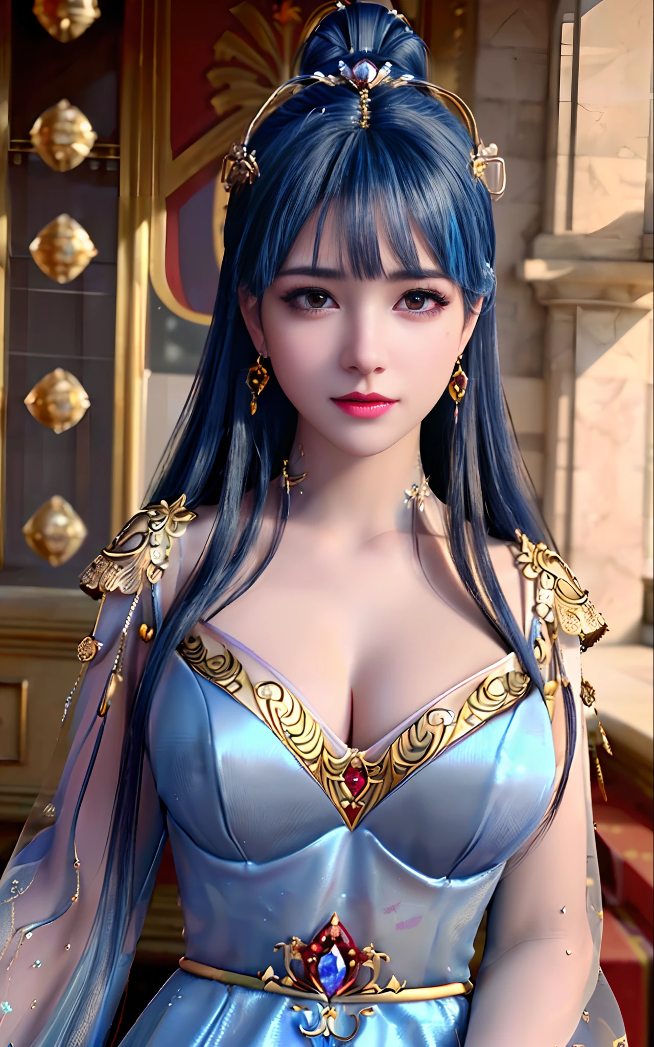 ((realisticity: 1.2)), ((best resolution: 8K UHD)), best quality,masterpiece,highres,cg,
((1 super detailed and super realistic girl)), ((very beautiful queen dazzling, super realistic, and super detailed)),((white skin, beautiful, smooth, youthful, super realistic and super detailed
)), long hair, ((super realistic and super detailed dress)), solo, ((super realistic, super beautiful, gorgeous and super detailed jewelry)), ((super beautiful, super realistic and super detailed dark red and golden yellow dress)),
((super beautiful, super realistic, super detailed diamond filled earrings)),
  ((super beautiful, super realistic and super detailed diamond filled hair ornament)), ((super beautiful upper body, super beautiful, super realistic and super detailed)), ((big breasts: 2.5)), 
((super grand, super realistic and super detailed royal palace backgroun))
((super beautiful, super beautiful, super realistic and super detailed hair bun)), ((super beautiful, super realistic and super detailed blue hair)),
candid, Photograph, high resolution, 8k,Bokeh,