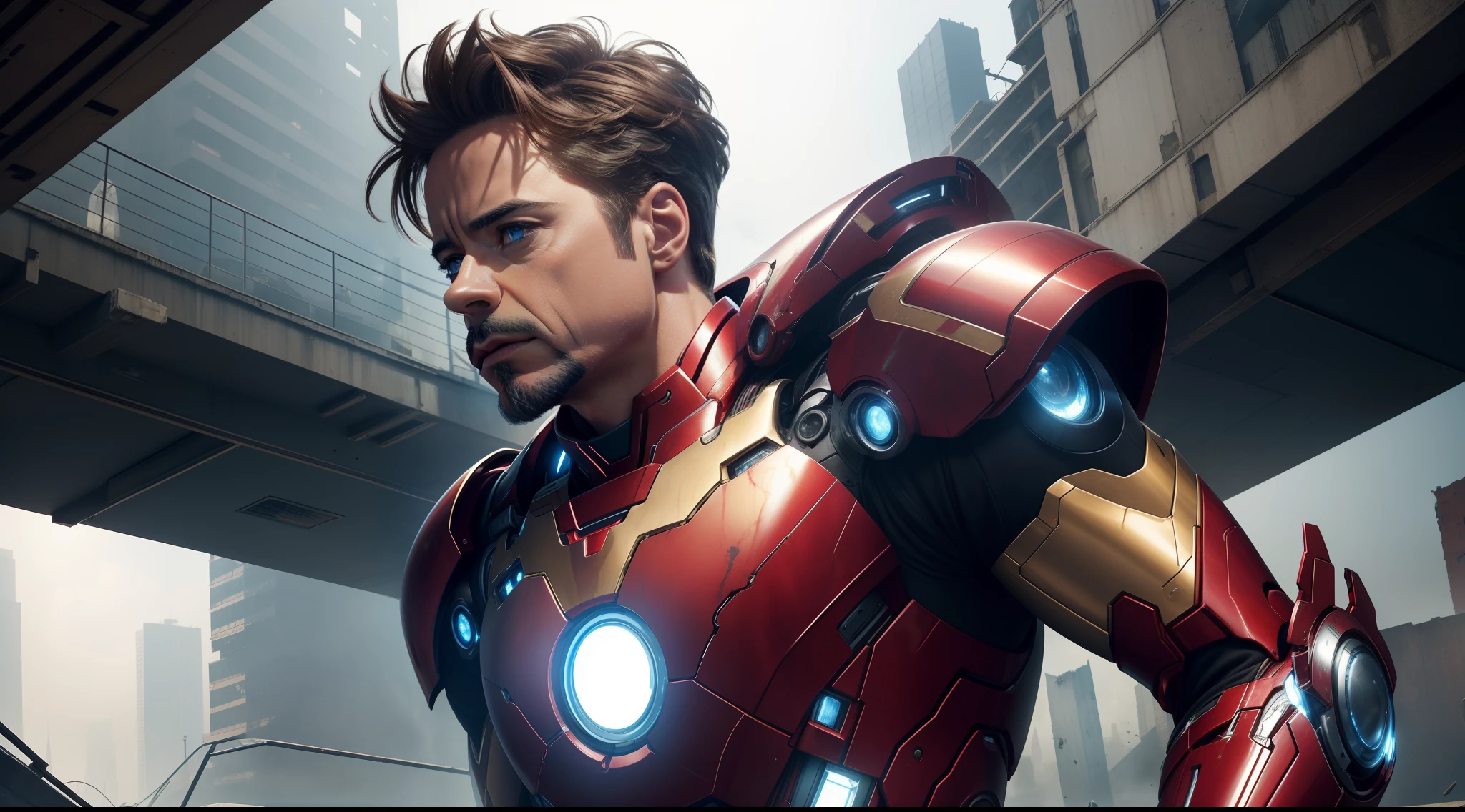 RAW, Masterpiece, Ultra Fine Photo,, Best Quality, Ultra High Resolution, Photorealistic, Sunlight, Full Body Portrait, Stunningly Beautiful,, Dynamic Poses, Delicate Face, Vibrant Eyes, (Side View) , Robert Downey Jr. is wearing a futuristic Iron Man mech, red and gold color scheme, highly detailed abandoned warehouse background, detailed face, detailed and complex busy background, messy, gorgeous, milky white, high detailed skin, realistic skin details, visible pores , sharp focus, volumetric fog, 8k uhd, dslr camera, high quality, film grain, fair skin, photorealism, lomography, sprawling metropolis in futuristic dystopia, view from below, translucent