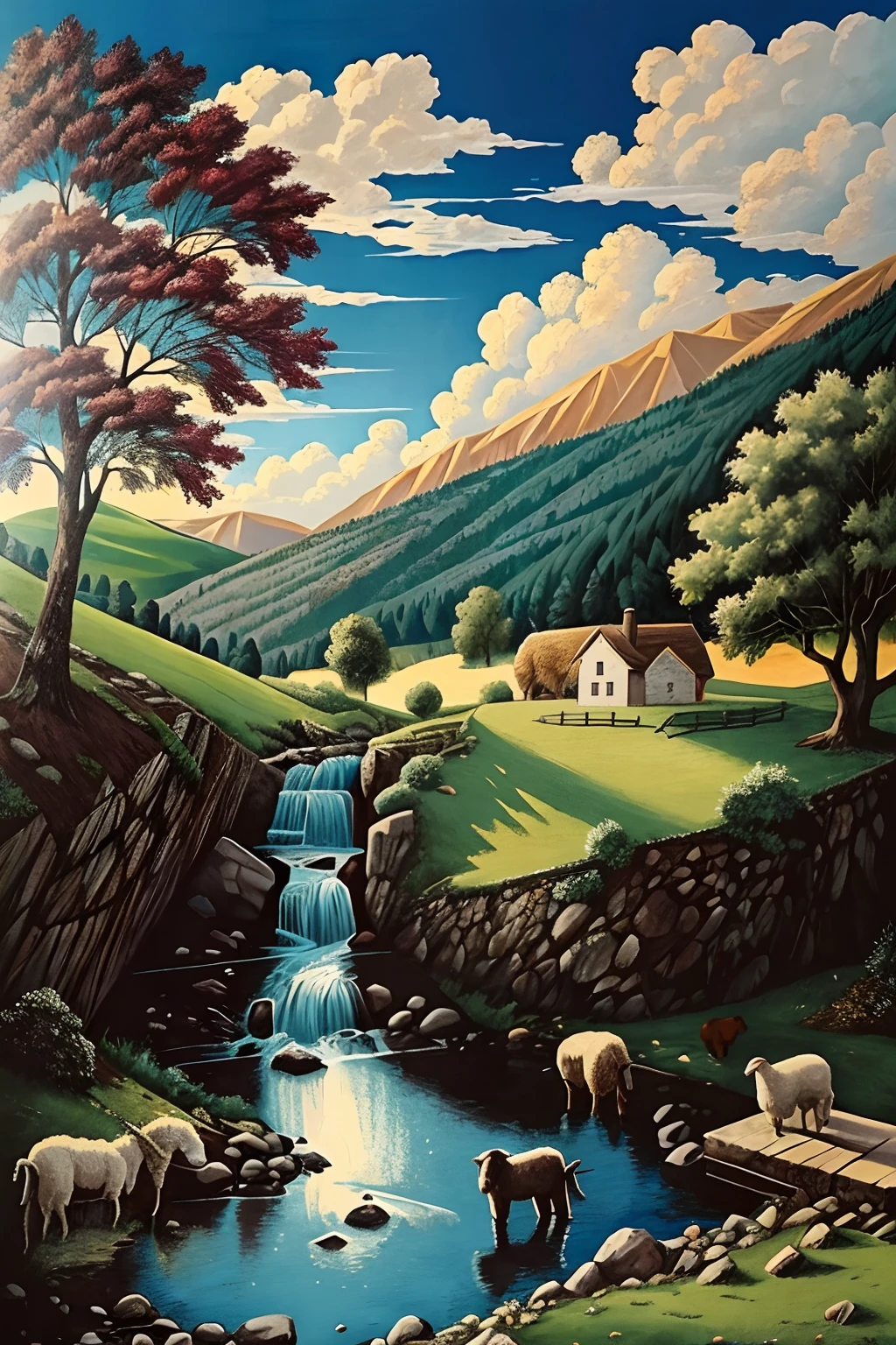 Create a thrilling illustration of the Lost Lamb and his caring shepherd in a picturesque countryside scene. The lamb is described as cute and adorable, with a shy expression, but hopeful. O pastor, retratado como uma figura gentil, is guiding the lost lamb back to safety with a gentle, reassuring presence. Cerque-os de colinas ondulantes, A peaceful creek, e um rebanho de ovelhas contentes pastando nas proximidades.