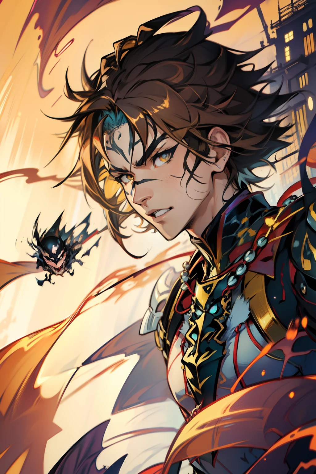 《the original god》Arataki Kazuto , male people,,((Masterpiece)), ((Best quality)), Ultra detailed,((illustration)), Dynamic Angle, Detailed light, (Delicate eyes), Floating, 1boy, Male focus, Head, Clothing, Yellow eyes, necklace, tattoo, (Forehead:0.8), (ahoge:0.8), jewelry, apathy,Ray, chest muscle, Sexy , Venom symbiote for your body, Black mucus of the body , (into venom), Venom,frontage,style of anime4 K, 4K anime wallpaper, Badass anime 8 K, 4 k comic wallpaper, young anime man, Anime boys, Anime wallpapers 4 k, Anime wallpaper 4K, High quality anime art style, Anime moe art style, Anime art wallpaper 8 K, Anime art wallpaper 4 K, RGB lighting