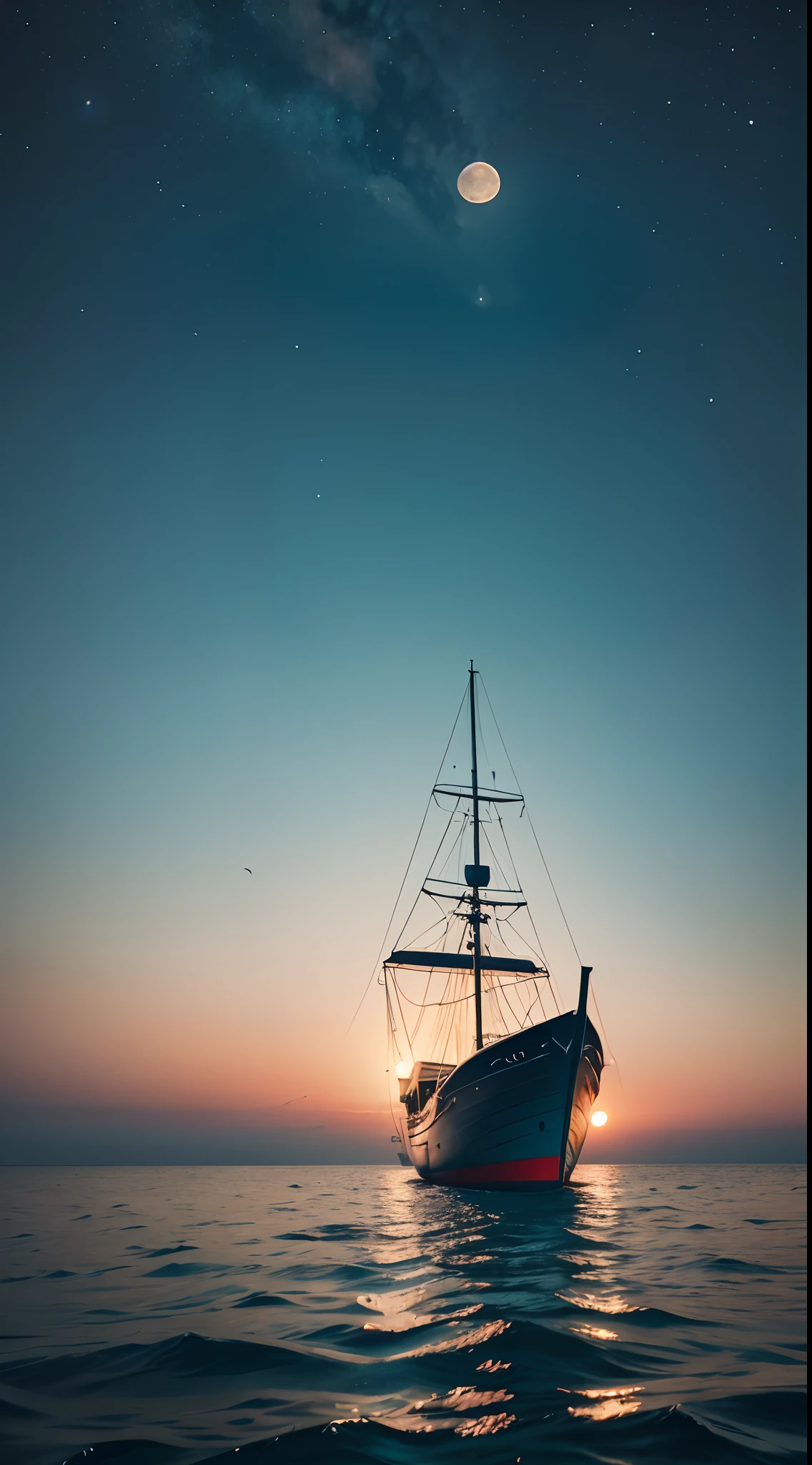 On the calm sea,A huge bright moon rises,In the middle is a looming boat