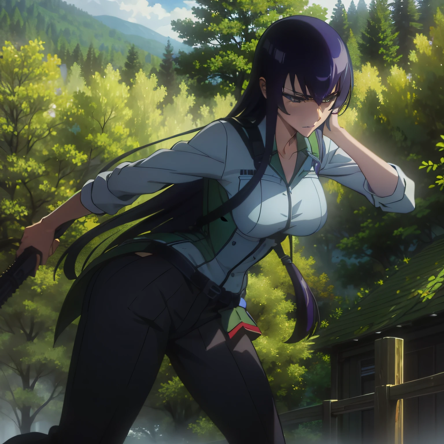 "(A stunning masterpiece with top-notch quality and 4k resolution), a highly detailed forest background sets the scene for an intense moment of action. The dynamic figure of Busujima Saeko is seen running, brandishing a weapon with sheer determination."