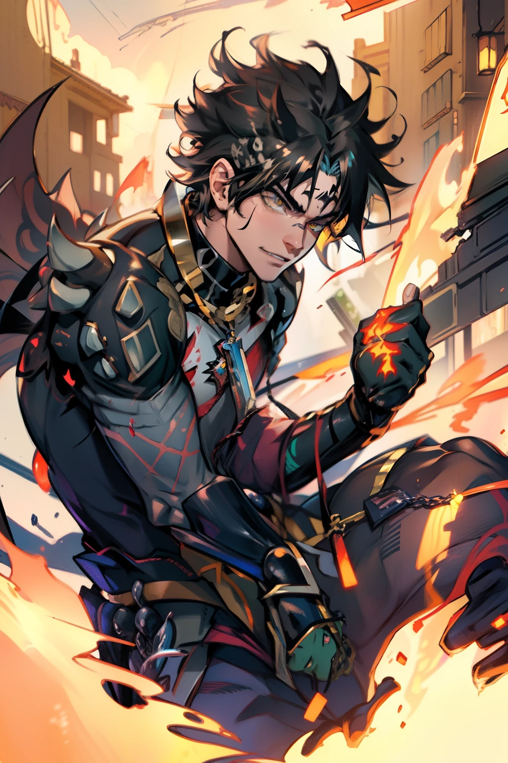 《the original god》Arataki Kazuto , male people,,((Masterpiece)), ((Best quality)), Ultra detailed,((illustration)), Dynamic Angle, Detailed light, (Delicate eyes), Floating, 1boy, Male focus, Head, Clothing, Yellow eyes, necklace, tattoo, (Forehead:0.8), (ahoge:0.8), jewelry, apathy,Ray, chest muscle, Sexy , Venom symbiote for your body, Black mucus of the body , (into venom), Venom,frontage,style of anime4 K, 4K anime wallpaper, Badass anime 8 K, 4 k comic wallpaper, young anime man, Anime boys, Anime wallpapers 4 k, Anime wallpaper 4K, High quality anime art style, Anime moe art style, Anime art wallpaper 8 K, Anime art wallpaper 4 K, RGB lighting