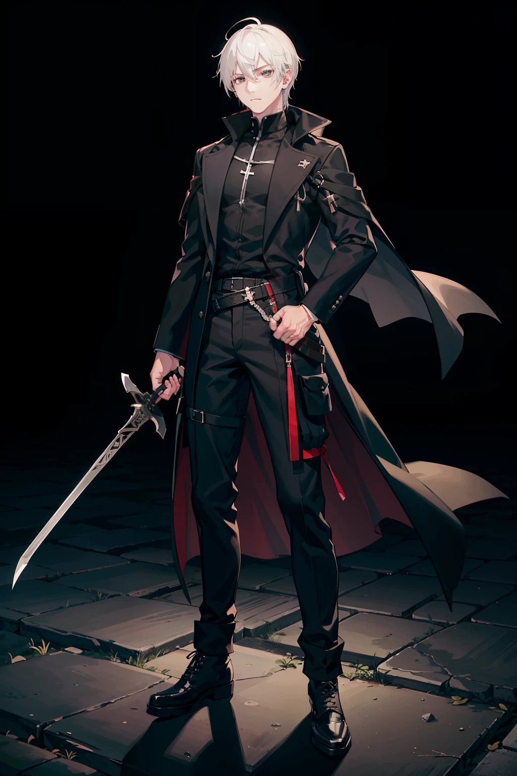 Full body like,White-colored skin,White-colored skin,combat scene,whaite hair,Black pupils,Pure black eyes,Silver-toned stud earrings,shoun,crosses,bandagens,There are bandages on the hands,short detailed hair,Handsome,Libido boy,Highest image quality,the night,the night,warn,male people,hooding,cargo pants,Martin boots,Black pick dye,Long sword,crosses,crosses,nighttime scene,Black cargo pants,Black pantsuit,Streamers,wind coat