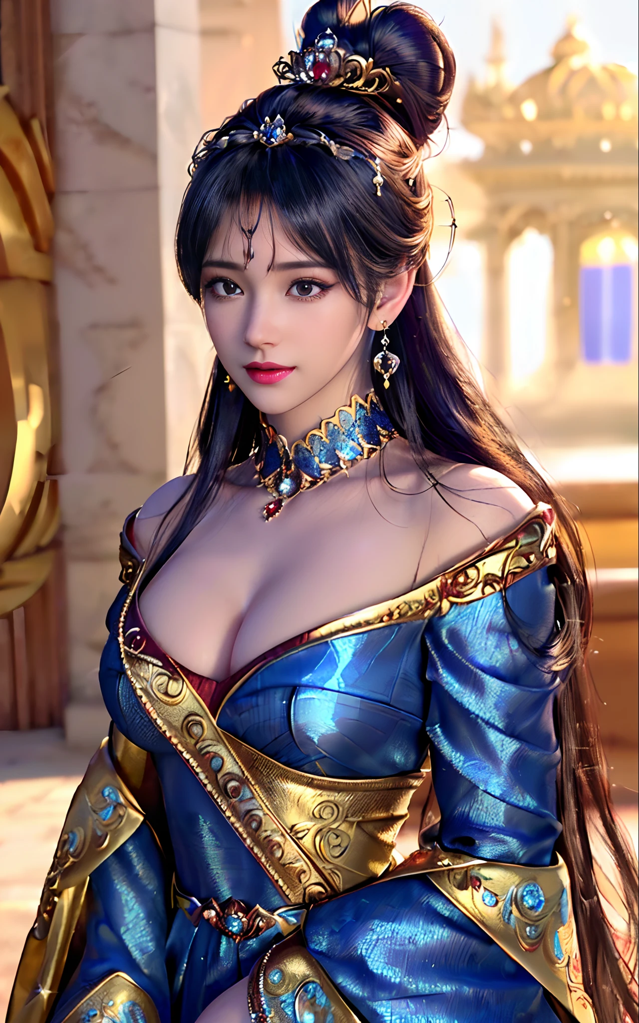 ((realisticity: 1.2)), ((best resolution: 8K UHD)), best quality,masterpiece,highres,cg,
((1 super detailed and super realistic girl)), ((very beautiful queen dazzling, super realistic, and super detailed)),((white skin, beautiful, smooth, youthful, super realistic and super detailed
)), long hair, ((super realistic and super detailed dress)), solo, ((super realistic, super beautiful, gorgeous and super detailed jewelry)), ((super beautiful, super realistic and super detailed dark red and golden yellow dress)),
((super beautiful, super realistic, super detailed diamond filled earrings)),
  ((super beautiful, super realistic and super detailed diamond filled hair ornament)), ((super beautiful upper body, super beautiful, super realistic and super detailed)), ((big breasts: 2.5)), 
((super grand, super realistic and super detailed royal palace backgroun))
((super beautiful, super beautiful, super realistic and super detailed hair bun)), ((super beautiful, super realistic and super detailed blue hair)),
candid, Photograph, high resolution, 8k,Bokeh,