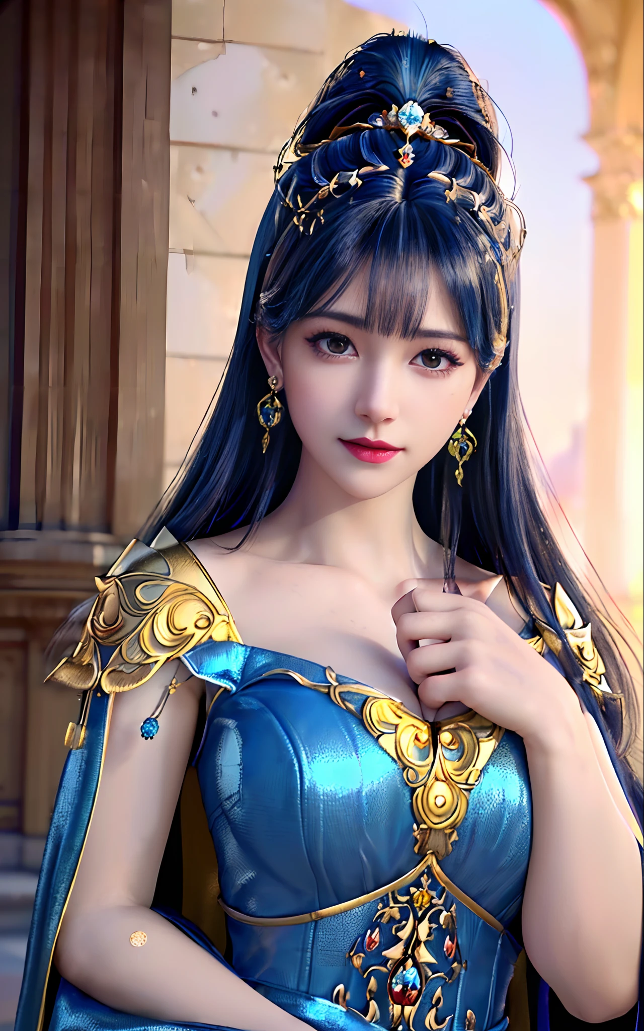 ((realisticity: 1.2)), ((best resolution: 8K UHD)), best quality,masterpiece,highres,cg,
((1 super detailed and super realistic girl)), ((very beautiful queen dazzling, super realistic, and super detailed)),((white skin, beautiful, smooth, youthful, super realistic and super detailed
)), long hair, ((super realistic and super detailed dress)), solo, ((super realistic, super beautiful, gorgeous and super detailed jewelry)), ((super beautiful, super realistic and super detailed dark red and golden yellow dress)),
((super beautiful, super realistic, super detailed diamond filled earrings)),
  ((super beautiful, super realistic and super detailed diamond filled hair ornament)), ((super beautiful upper body, super beautiful, super realistic and super detailed)), ((big breasts: 2.5)), 
((super grand, super realistic and super detailed royal palace backgroun))
((super beautiful, super beautiful, super realistic and super detailed hair bun)), ((super beautiful, super realistic and super detailed blue hair)),
candid, Photograph, high resolution, 8k,Bokeh,