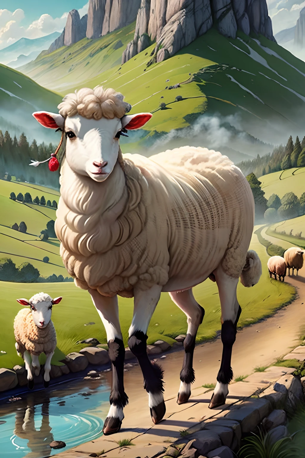 Create a heartwarming illustration of the Lost Lamb and its caring shepherd in a picturesque countryside scene. The lamb is depicted as fluffy and adorable, with a timid yet hopeful expression. The shepherd, portrayed as a gentle figure, is guiding the lost lamb back to safety with a kind and reassuring presence. Surround them with rolling hills, a peaceful stream, and a flock of contented sheep grazing nearby.
