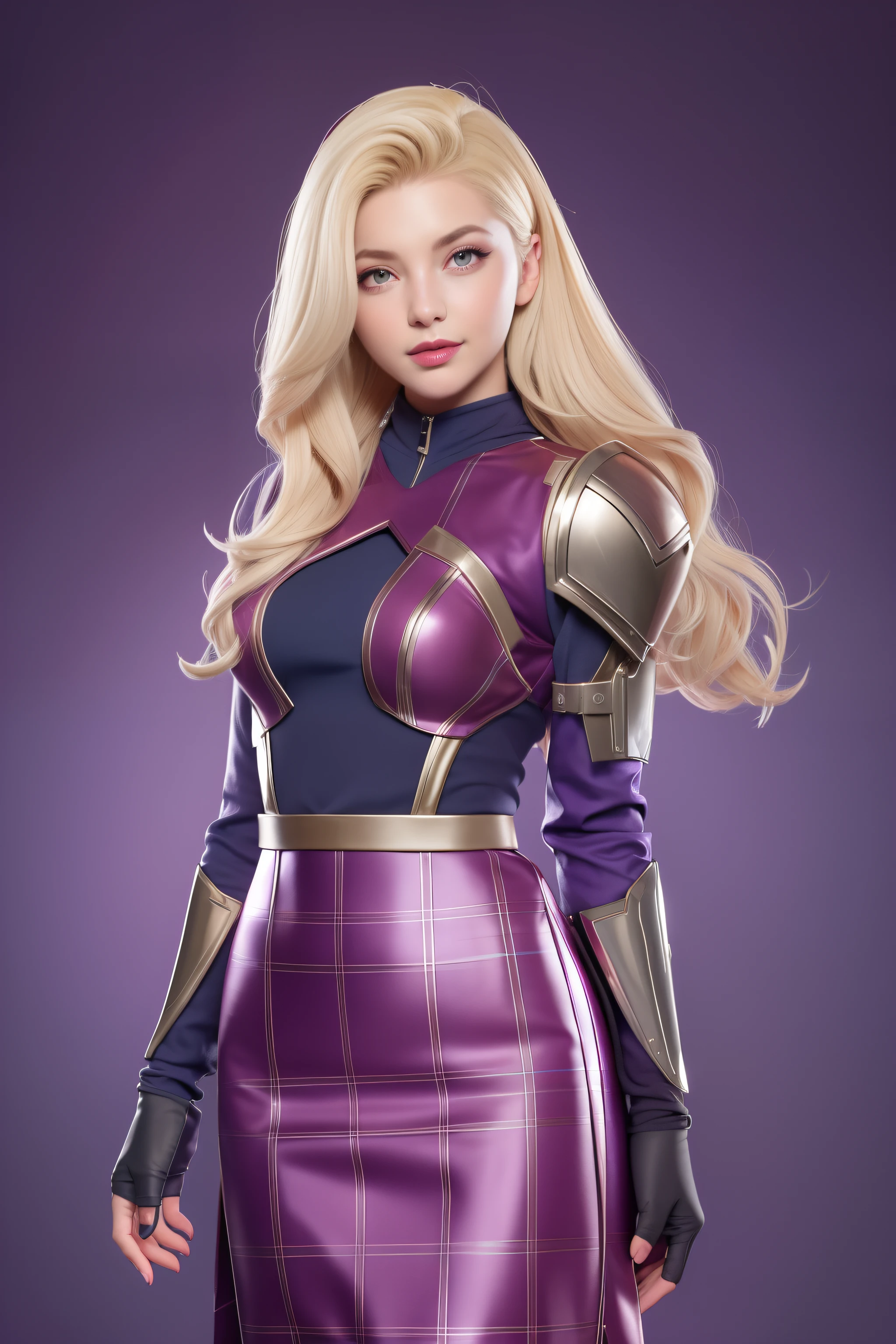 Beautiful Face Woman、a blond、purple backdrop、 Beautuful Women、18year old、prety woman、hyper realistic photography、High-definition photos、red lipsticks、Mandalorian Style Metal Armor Skirt Suit、The skin is not very exposed、Do not cut your head off the screen、skirt by the、Tartan check、Purple、Facing the front