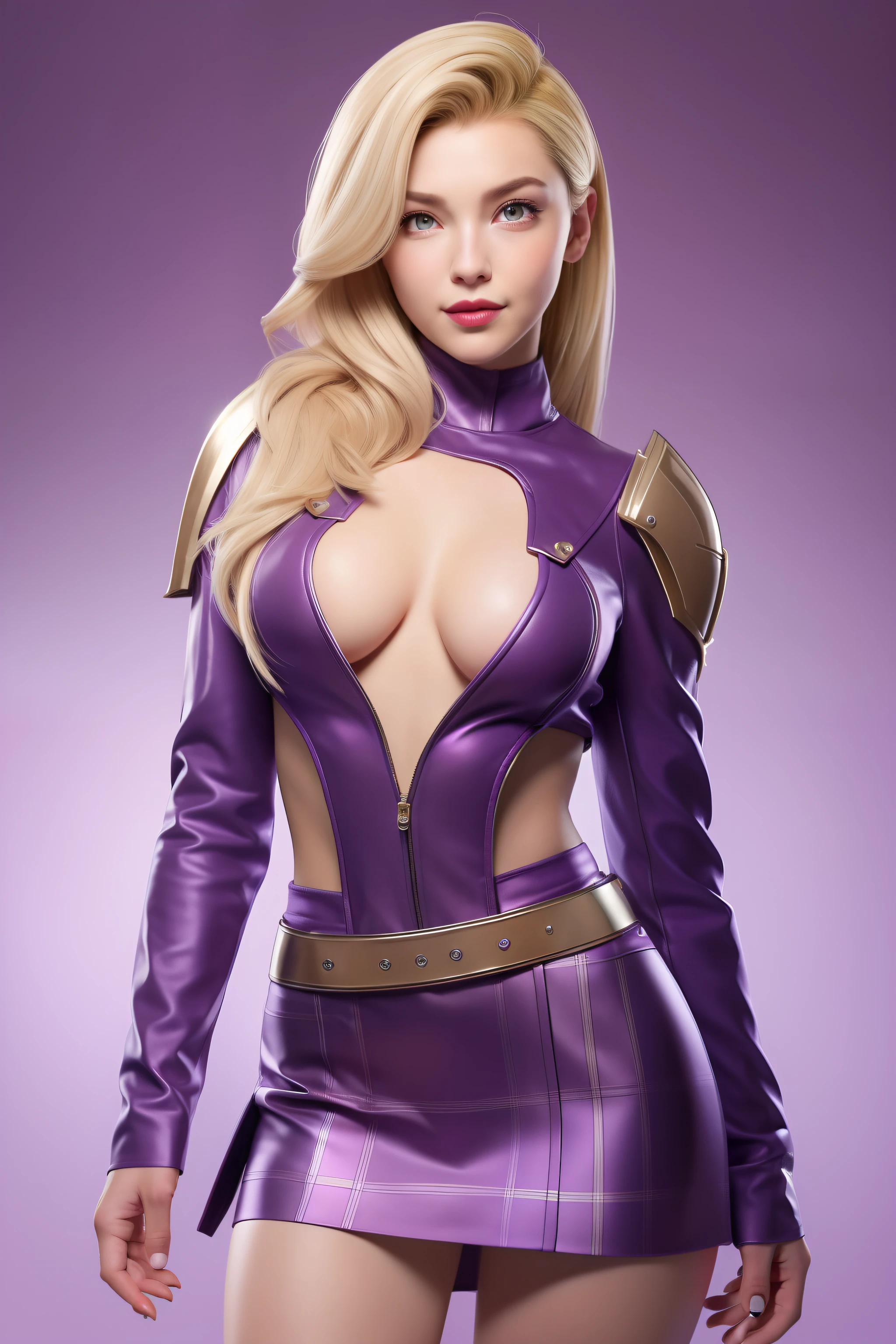 Beautiful Face Woman、a blond、purple backdrop、 Beautuful Women、18year old、prety woman、hyper realistic photography、High-definition photos、red lipsticks、Mandalorian Style Metal Armor Skirt Suit、The skin is not very exposed、Do not cut your head off the screen、shortpants、Tartan check、Purple、Facing the front