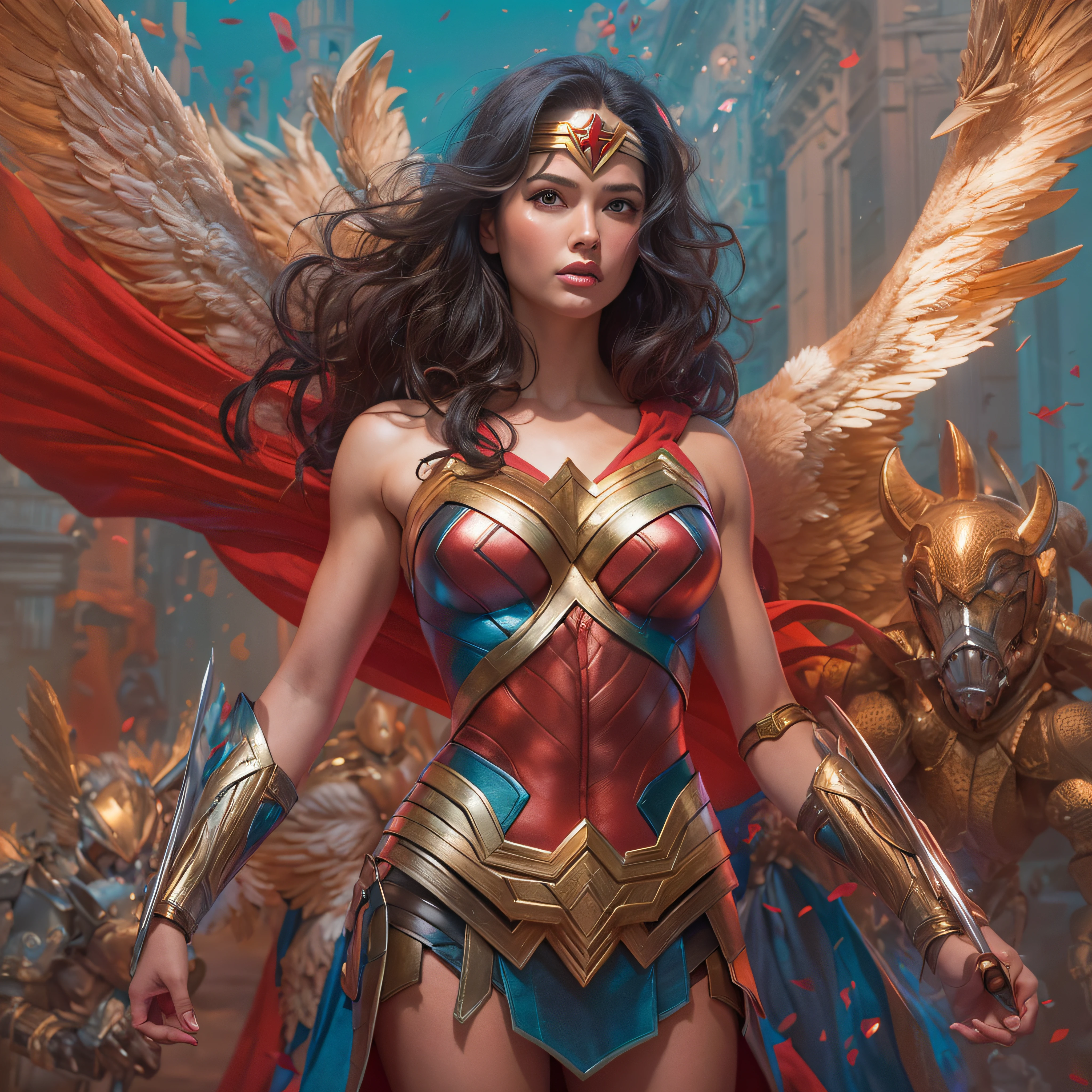 a wonder woman in a red, blue and gold costume standing on a ledge, angel in plastic armor, Artgerm Julie Bell Beeple, bonita do anjo do ciborgue, wearing witchblade armor, meninavaleiro do anjo, Mechanized Valkyrie girl, Artgerm JSC, Por Ruan Jia e Stanley Artgerm, Artgerm extremamente detalhado, Menina da ar, Directed by: Arthur Pan