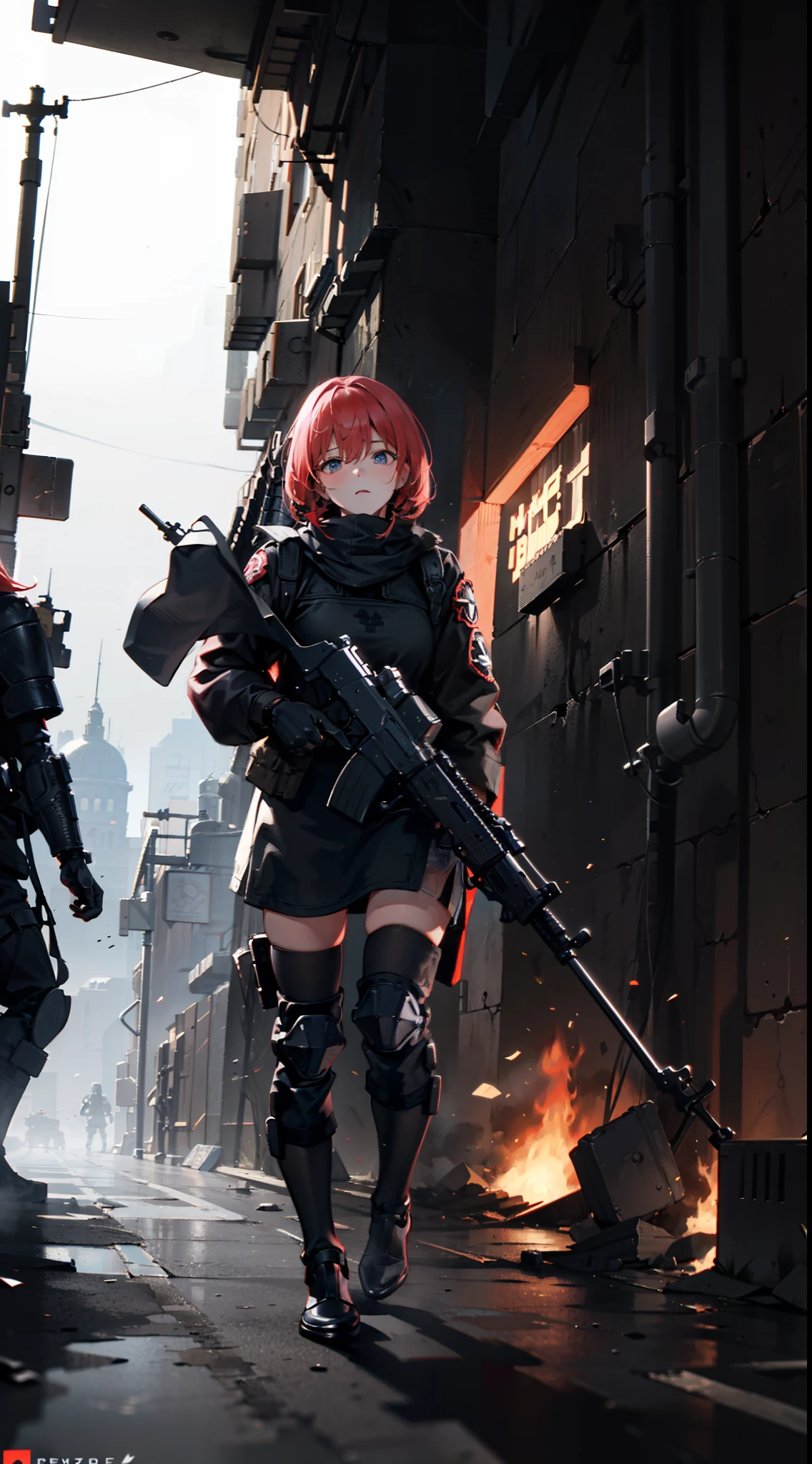 (War zone),Beautiful wallpapers,The city center of the firefight,the night,(Three mechanical girls),Gears of War,assault rifle,a black cloak,modern warfare