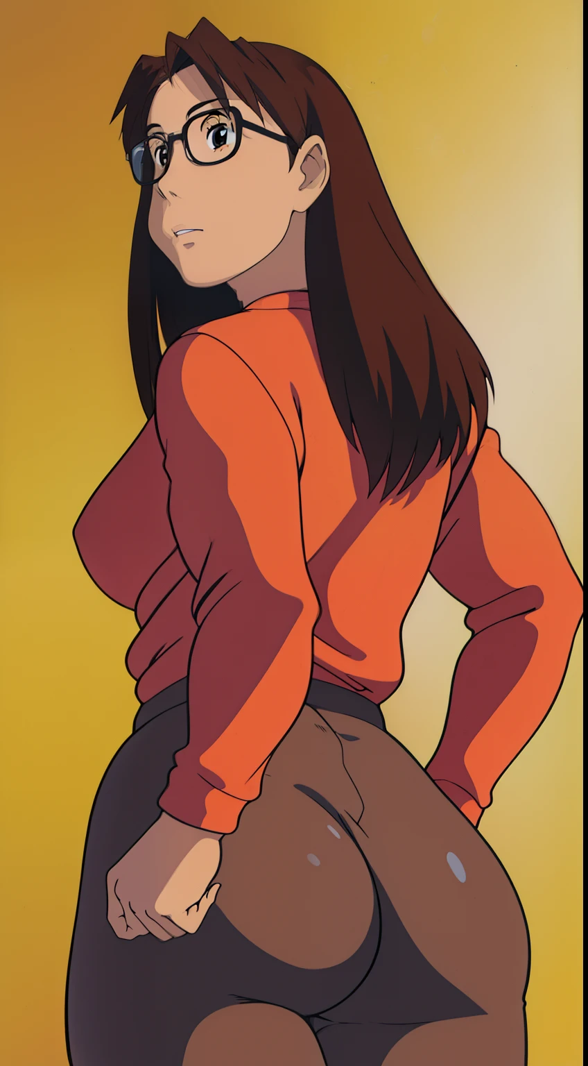 Koyomi mizuhara, eyes, glasses, brown hair, long hair, medium breasts, sports Long sleeved Jersey shirt, medium bubble butt, biker leggings, back of view, Wallpaper, 90’s, vintage, high quality, kinky gesture, skin tight, Pinup, nose, lips, tight ass cheeks, looking back, studio ghibli Art, nice ass