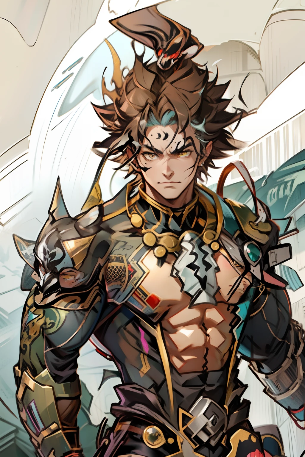 《the original god》Arataki Kazuto , male people,,((Masterpiece)), ((Best quality)), Ultra detailed,((illustration)), Dynamic Angle, Detailed light, (Delicate eyes), Floating, 1boy, Male focus, Head, Clothing, Yellow eyes, necklace, tattoo, (Forehead:0.8), (ahoge:0.8), jewelry, apathy,Ray, chest muscle, Sexy , Venom symbiote for your body, Black mucus of the body , (into venom), Venom,frontage,style of anime4 K, 4K anime wallpaper, Badass anime 8 K, 4 k comic wallpaper, young anime man, Anime boys, Anime wallpapers 4 k, Anime wallpaper 4K, High quality anime art style, Anime moe art style, Anime art wallpaper 8 K, Anime art wallpaper 4 K, RGB lighting