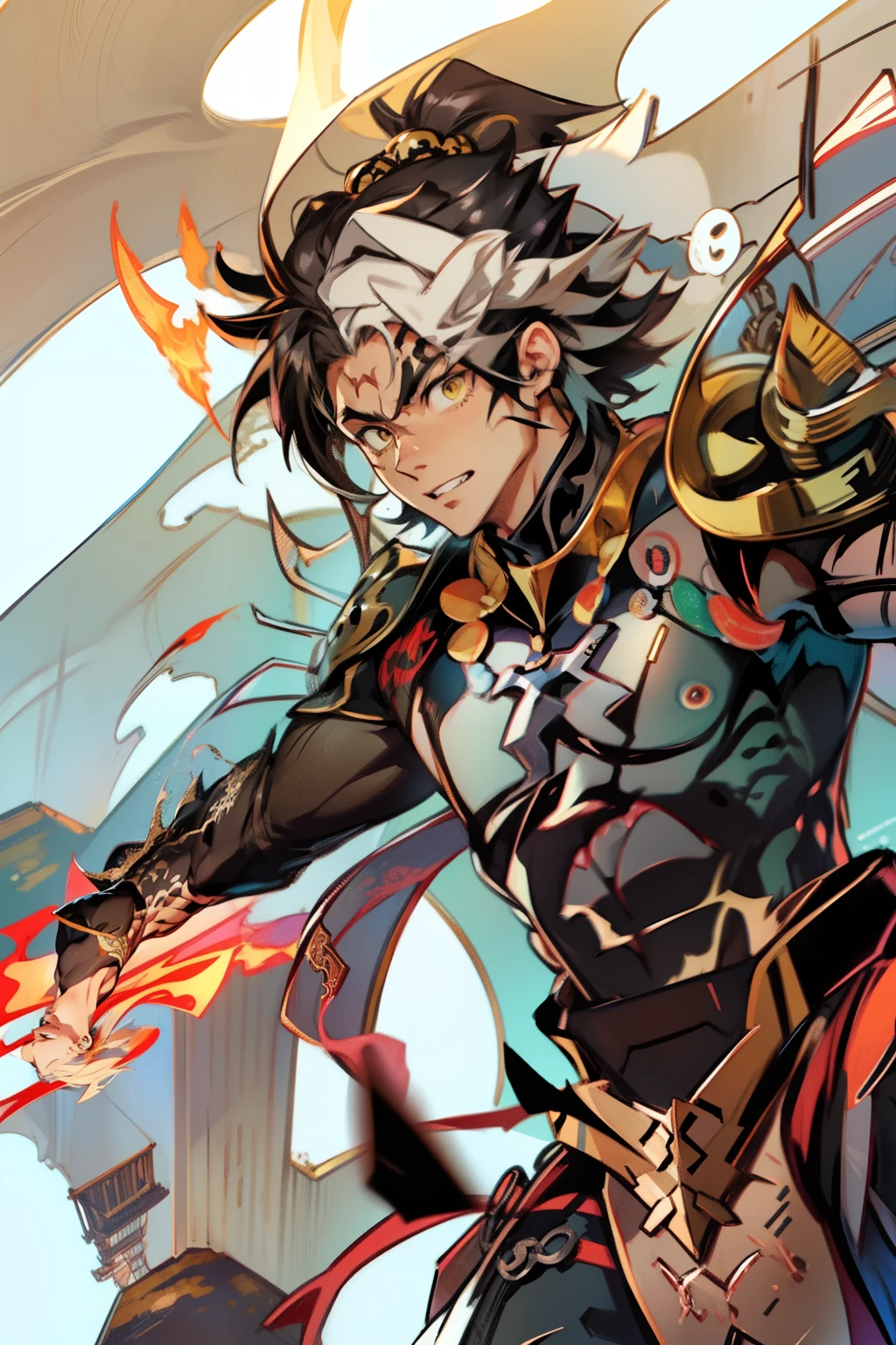 《the original god》Arataki Kazuto , male people,,((Masterpiece)), ((Best quality)), Ultra detailed,((illustration)), Dynamic Angle, Detailed light, (Delicate eyes), Floating, 1boy, Male focus, Head, Clothing, Yellow eyes, necklace, tattoo, (Forehead:0.8), (ahoge:0.8), jewelry, apathy,Ray, chest muscle, Sexy , Venom symbiote for your body, Black mucus of the body , (into venom), Venom,frontage,style of anime4 K, 4K anime wallpaper, Badass anime 8 K, 4 k comic wallpaper, young anime man, Anime boys, Anime wallpapers 4 k, Anime wallpaper 4K, High quality anime art style, Anime moe art style, Anime art wallpaper 8 K, Anime art wallpaper 4 K, RGB lighting