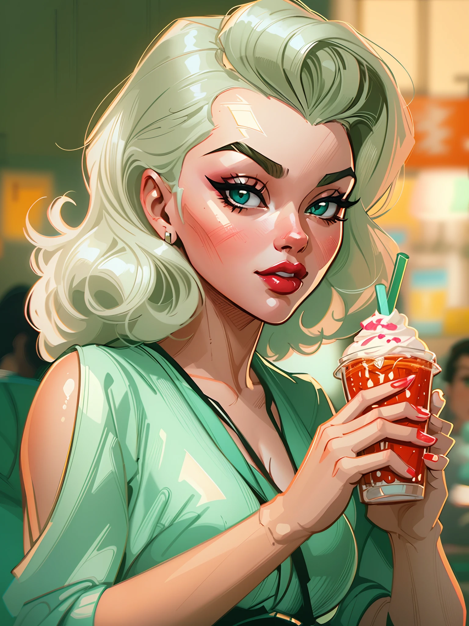 Young girl, 40s fashion appearance, in style of digital illustration, pinup art, lois van rossdraws, artstyle : ilya kuvshinov, deviantart artstation cgscosiety, stunning digital illustration, soda themed girl, beautiful retro art, jen bartel, milkshake, matte digital illustration, glossy digital painting
