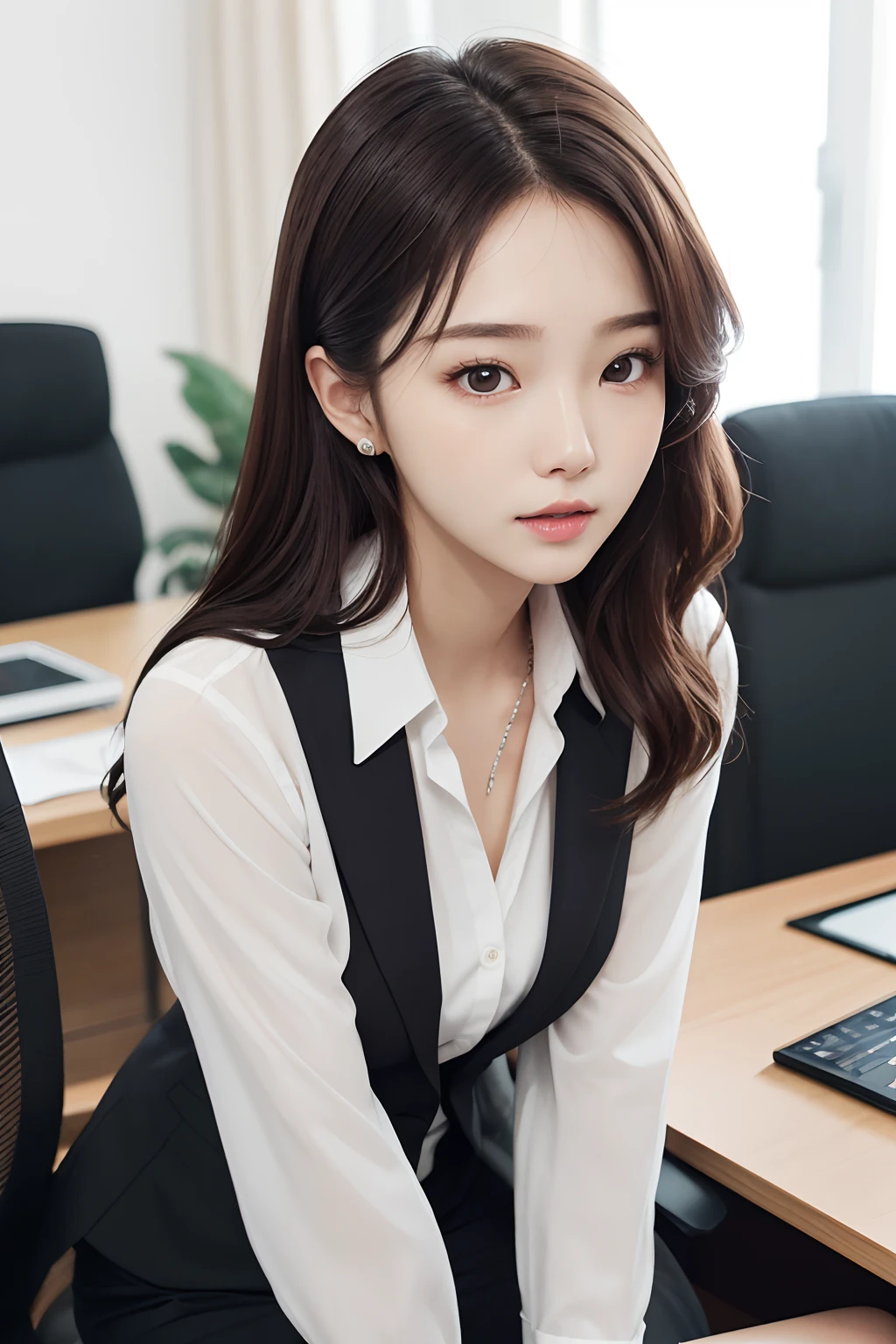 1girl, 21yo, detailed face, beauty face, peaceful, office lady, suit, shirt open, full body, interactive, (from under: 1.6), hyper detail, highres, sitting, crawl, reality, pureerosface_v1 ulzzang-6500-v1.1