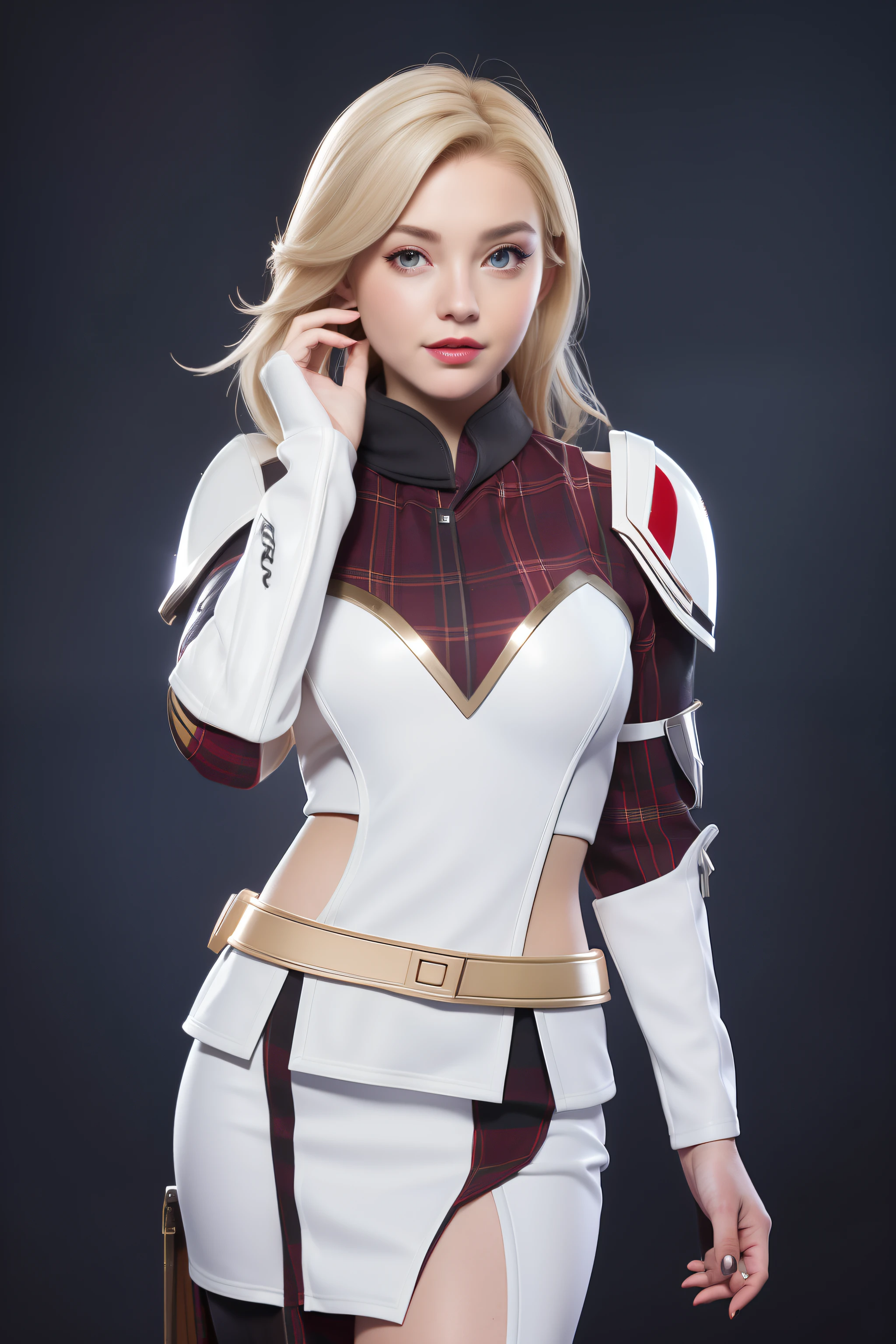 Beautiful Face Woman、a blond、white backgrounid、 Beautuful Women、18year old、prety woman、hyper realistic photography、High-definition photos、red lipsticks、Mandalorian Style Metal Armor Skirt Suit、The skin is not very exposed、Do not cut your head off the screen、Tartan check、White the、Facing the front
