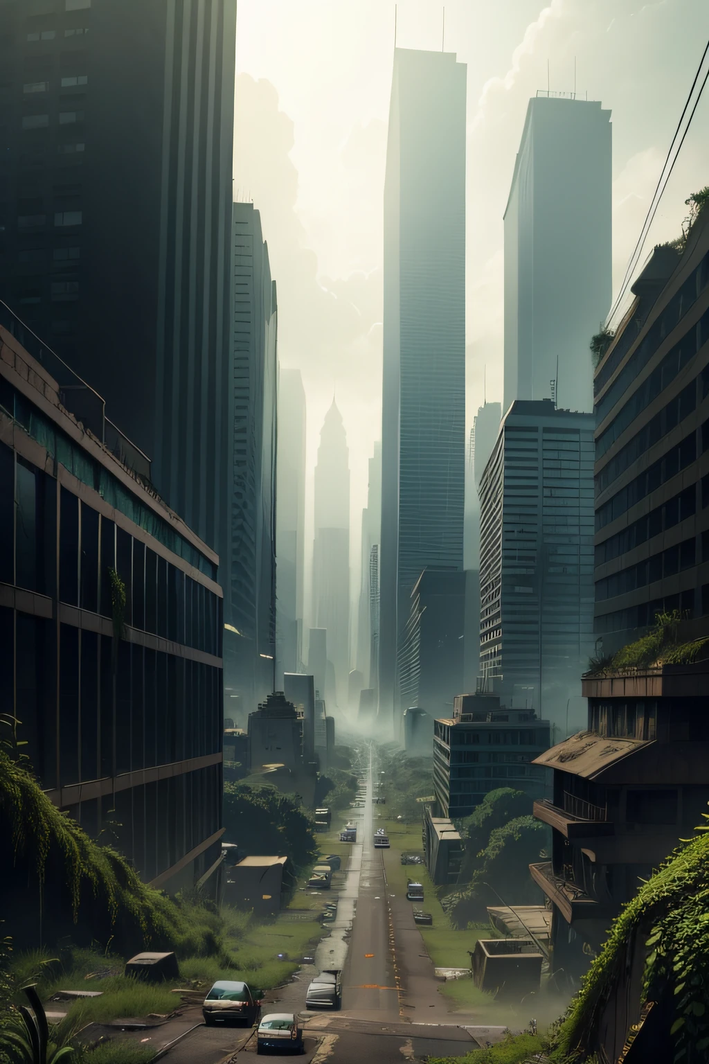 Apocalypse survival city background overgrown with green moss full of shabby