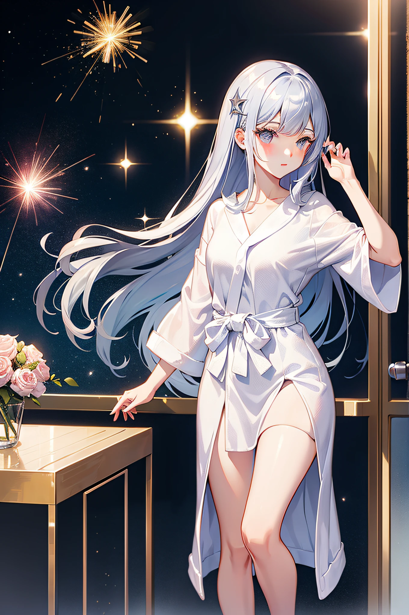 sparklers　silber hair　bathrobe　Beautuful Women