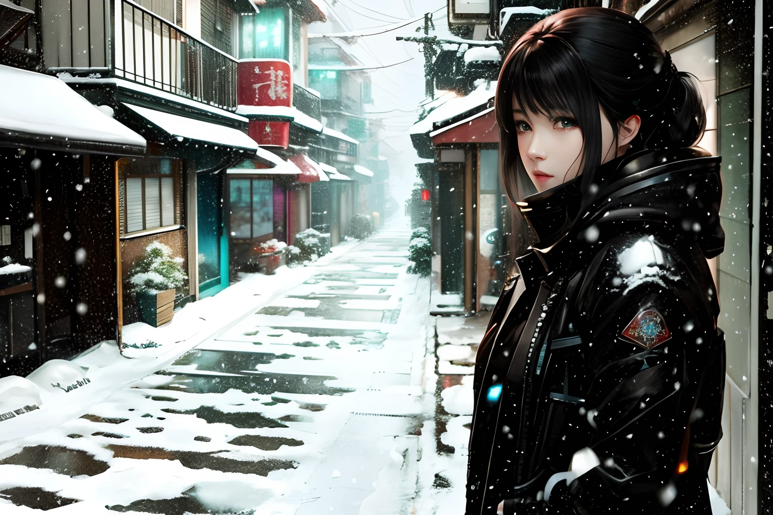 Snowy alleys，A woman in a black jacket, Inspired by Yuumei, style of anime4 K, cyberpunk anime girl, Guviz-style artwork, very beautiful cyberpunk samurai, Beautiful digital artwork, By Yuumei, Anime style mixed with Fujifilm, female cyberpunk anime girl, Anime style. 8K