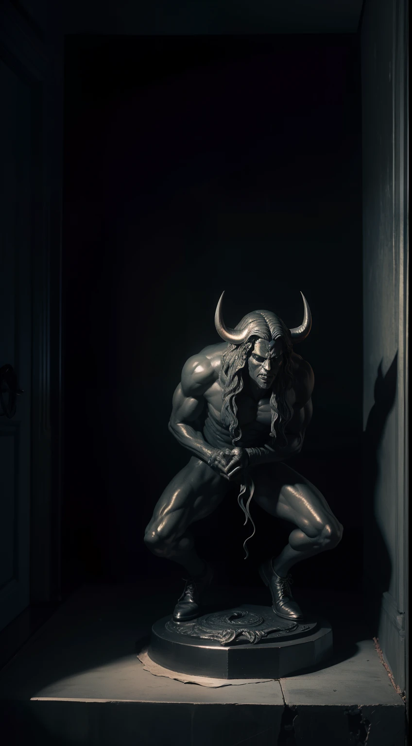 devil statue in a dark room, studio lights, dramatic lights, contrasts, ultra detailed, realistic, shadows.