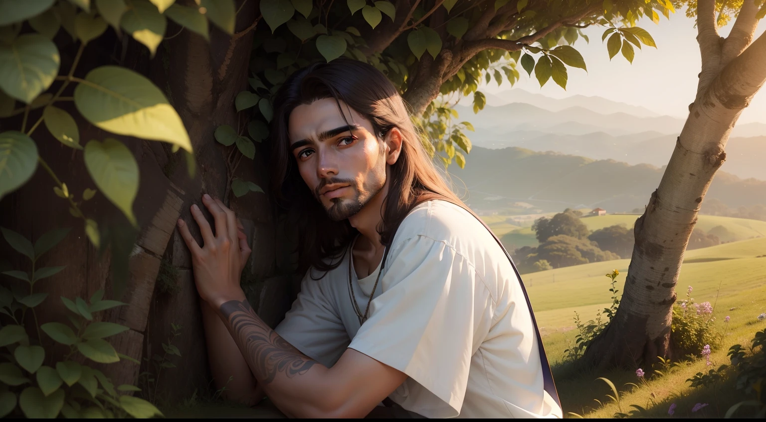 Na serenidade dos campos da Galileia, um jovem chamado Jesus caminhava, his eyes overflowing with wisdom and compassion.