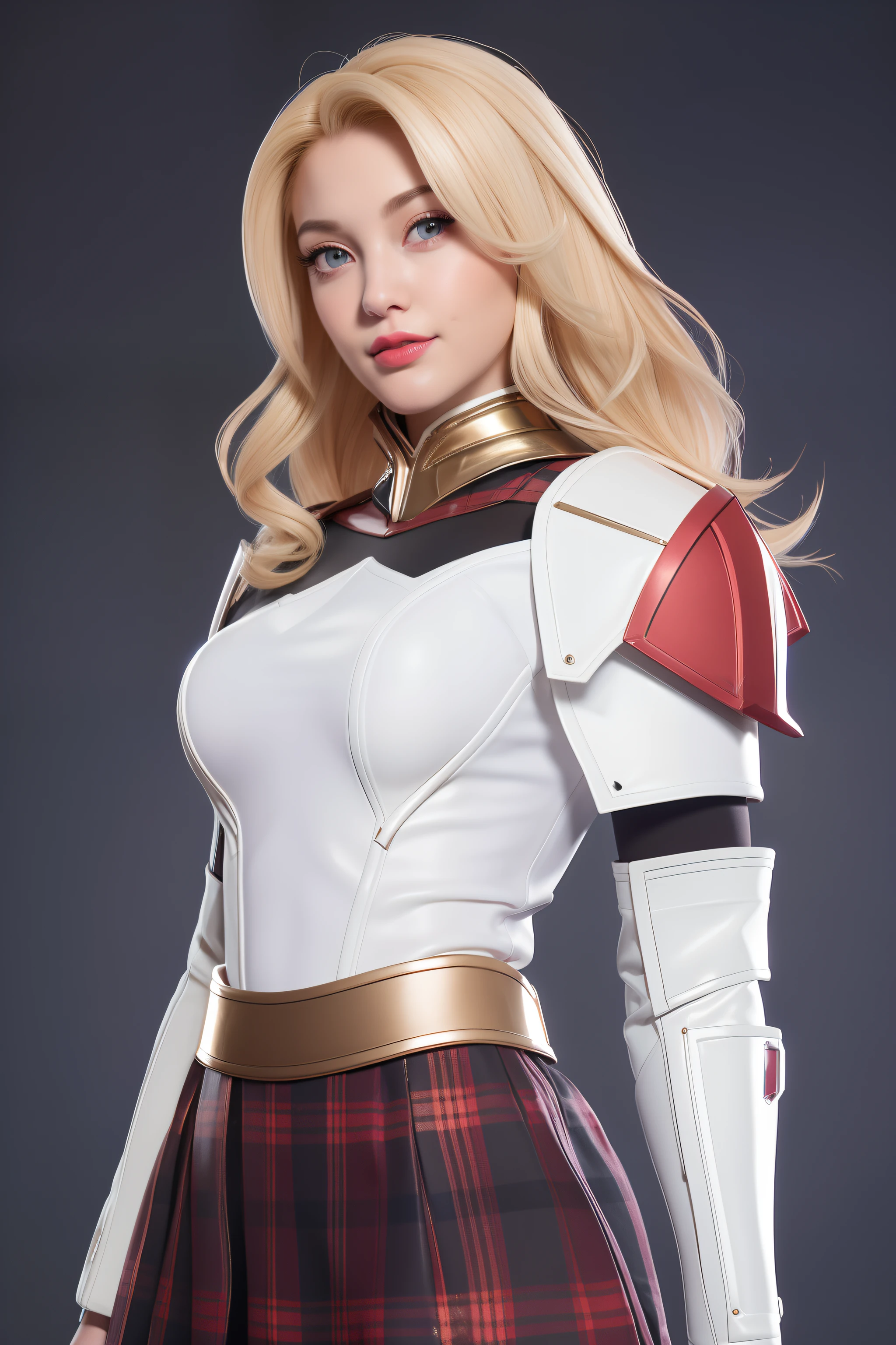 Beautiful Face Woman、a blond、white backgrounid、 Beautuful Women、18year old、prety woman、hyper realistic photography、High-definition photos、red lipsticks、Mandalorian Style Metal Armor Skirt Suit、The skin is not very exposed、Do not cut your head off the screen、Tartan check、White the、Facing the front