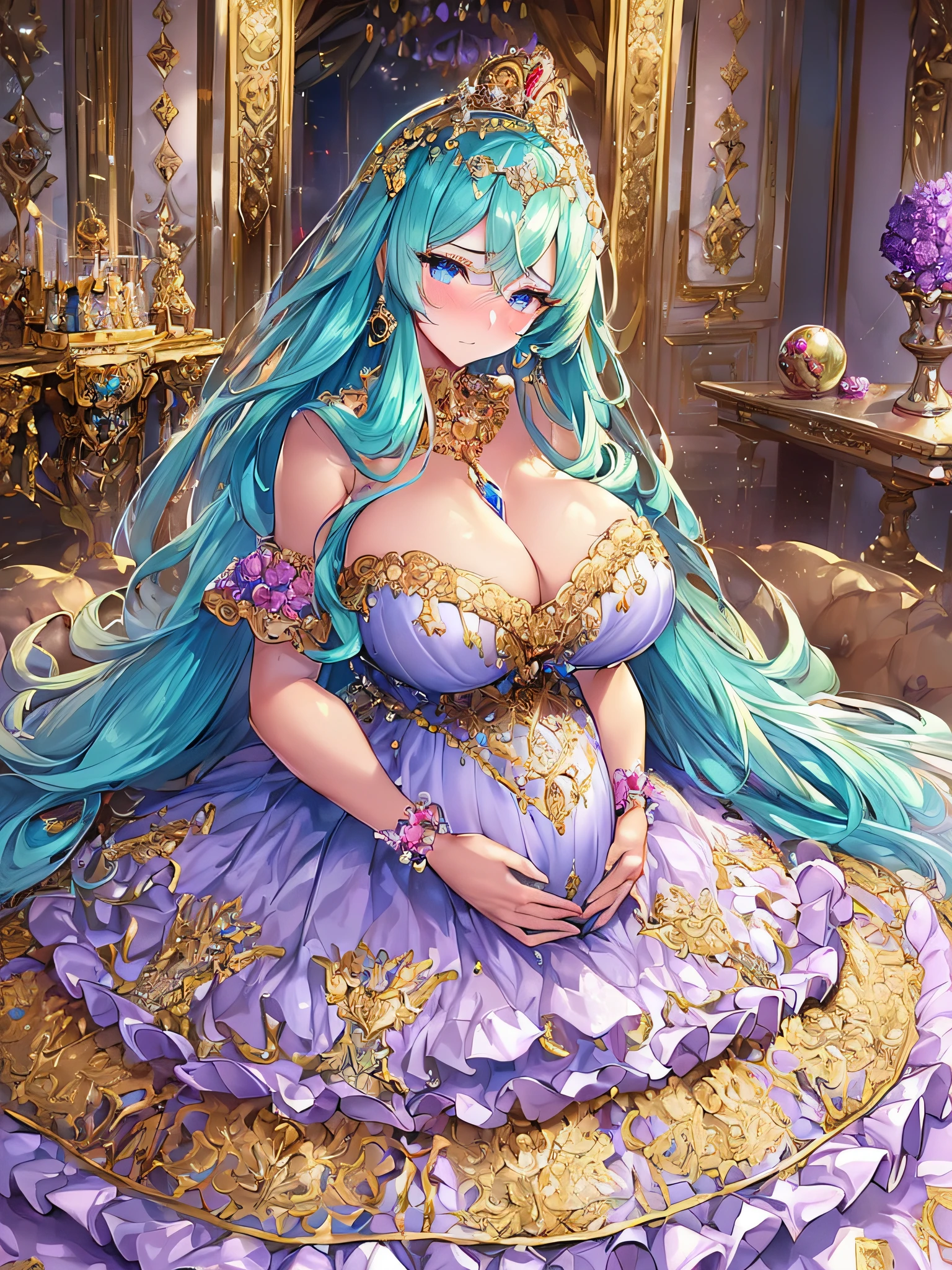 ((anime artstyle)),(Masterpiece),(Best Quality), (Super Detail),((Very Delicate and Beautiful)),(((Solo))),((full body)),(((1 bling-bling pregnant princess in beautiful embroidery and jeweled gorgeous rococo ball gown dress with voluminous full length hoop skirt))),((heavily pregnant)),very big pregnant belly,((royal bedroom)),((bling-bling)),Long train,(bling-bling gorgeous gemstone jewelry),detailed face and eyes,jewel-like eyes,cry,((embarrassed)),((large amount of straight hair,extremely voluminous Very Long Hair,Very Long Straight Hair)),(((gigantic tits,Long tits))),cleavage,(gorgeousfull embroidery and lace),gorgeous corsage,See-through,extremely gorgeousfull hair ornament,((bling-bling extremely gorgeousfull jeweled tiara)),ornate ruffles,(hoop skirt,crinoline),((Dynamic Angle)),Looking at viewer,((full body)),((beautiful embroidery and jeweled extremely gorgeous rococo ball gown dress with voluminous full length hoop skirt))