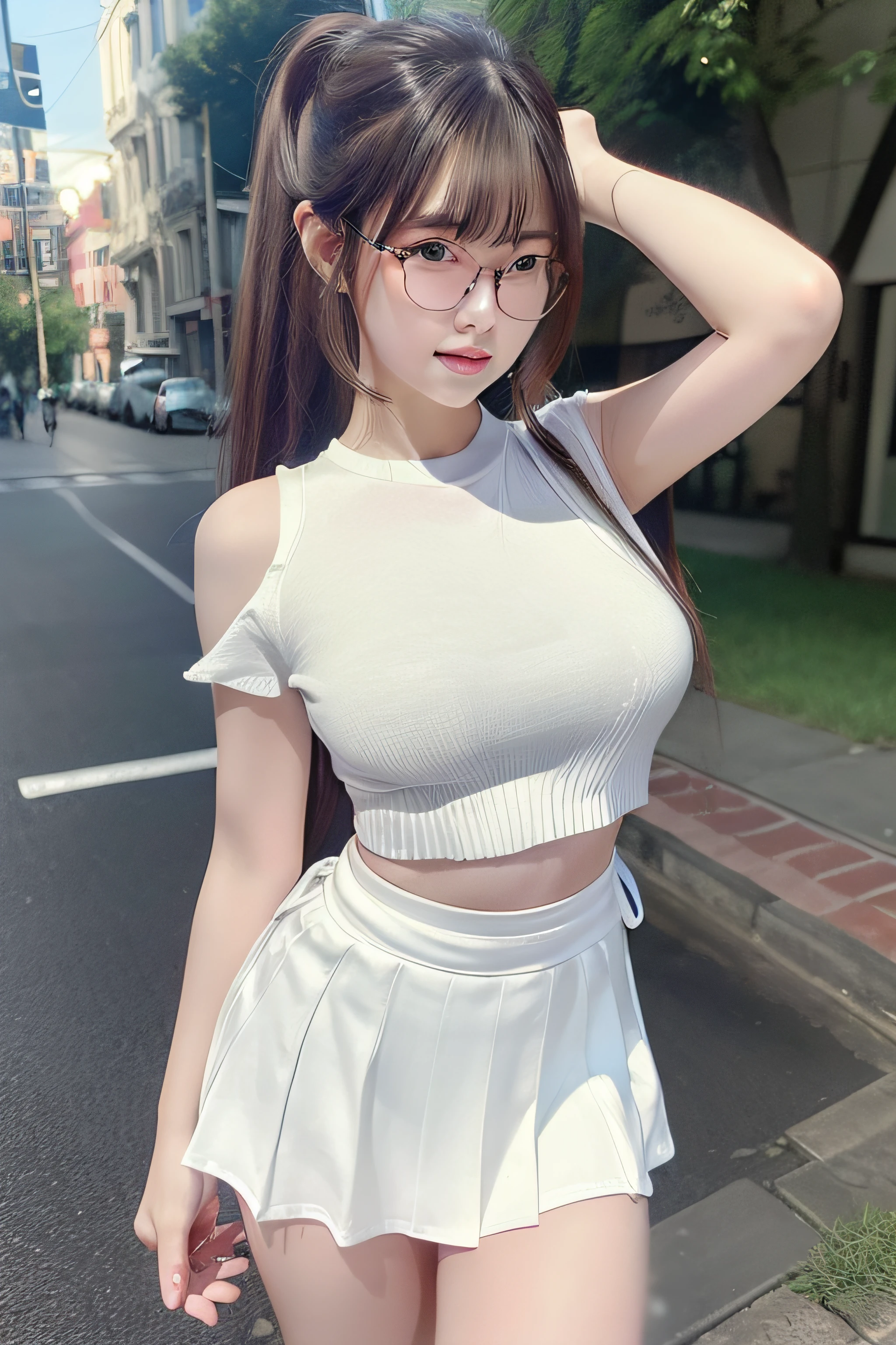 Top quality, Masterpiece, (reality: 1.2), Nice detailed girl, very detailed eyes and faces, Beautiful detailed eyes, There is light on the face, 1girll, long whitr hair, ((High ponytail)), ((fully body photo)), standing on your feet, wears glasses, white short sleeve shirt, Low-cut clothing, ((White pleated skirt)), Superskirt, nabel, Crop topping, Bare arms, By bangs, Sexy legs, Facing the audience, nice thigh, pretty legs, Detailed skins, menstruation, the street, full_body, look_at_viewer, professional lighting, photon mapping, radiosity, physically-based rendering